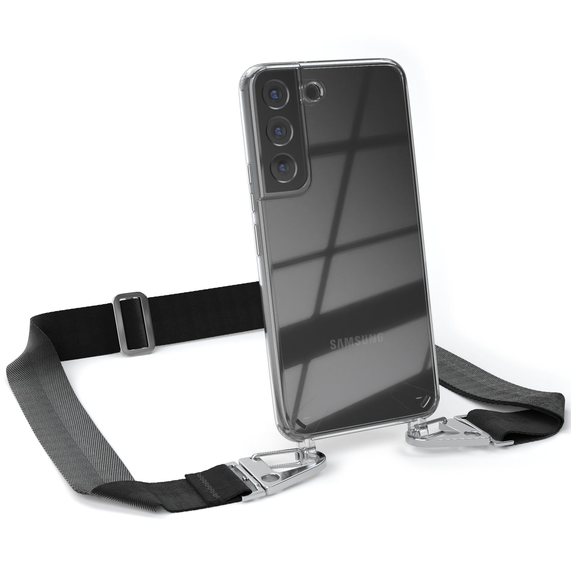 EAZY CASE Handykette Silikon Kette Karabiner für Samsung Galaxy S22 5G 6,1 Zoll, Schutzhülle zum Umhängen Handyhülle mit Umhängeband Schwarz Silber
