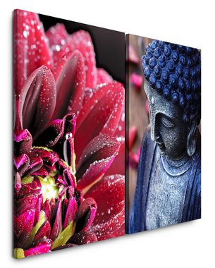 Sinus Art Leinwandbild 2 Bilder je 60x90cm Zinnien rote Blume Buddha Meditation Achtsamkeit Ruhe positive Energie