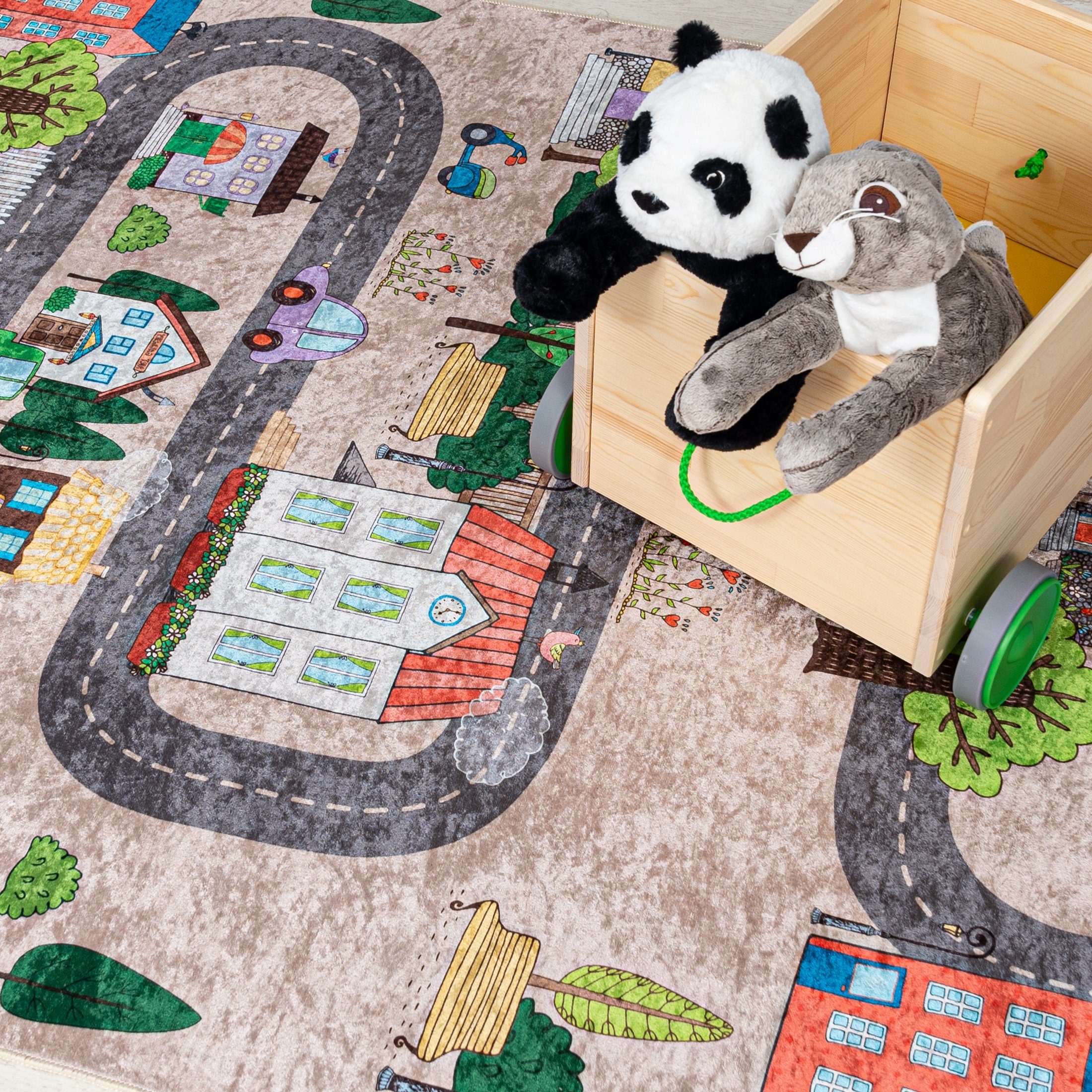 Mazovia Kinderteppich Kinderteppich Kinderzimmerteppich Straße Stadt Straßenteppich, 80 x 150 cm, Kurflor, Waschbar in Waschmaschine, Höhe 5 mm, Rutschfest