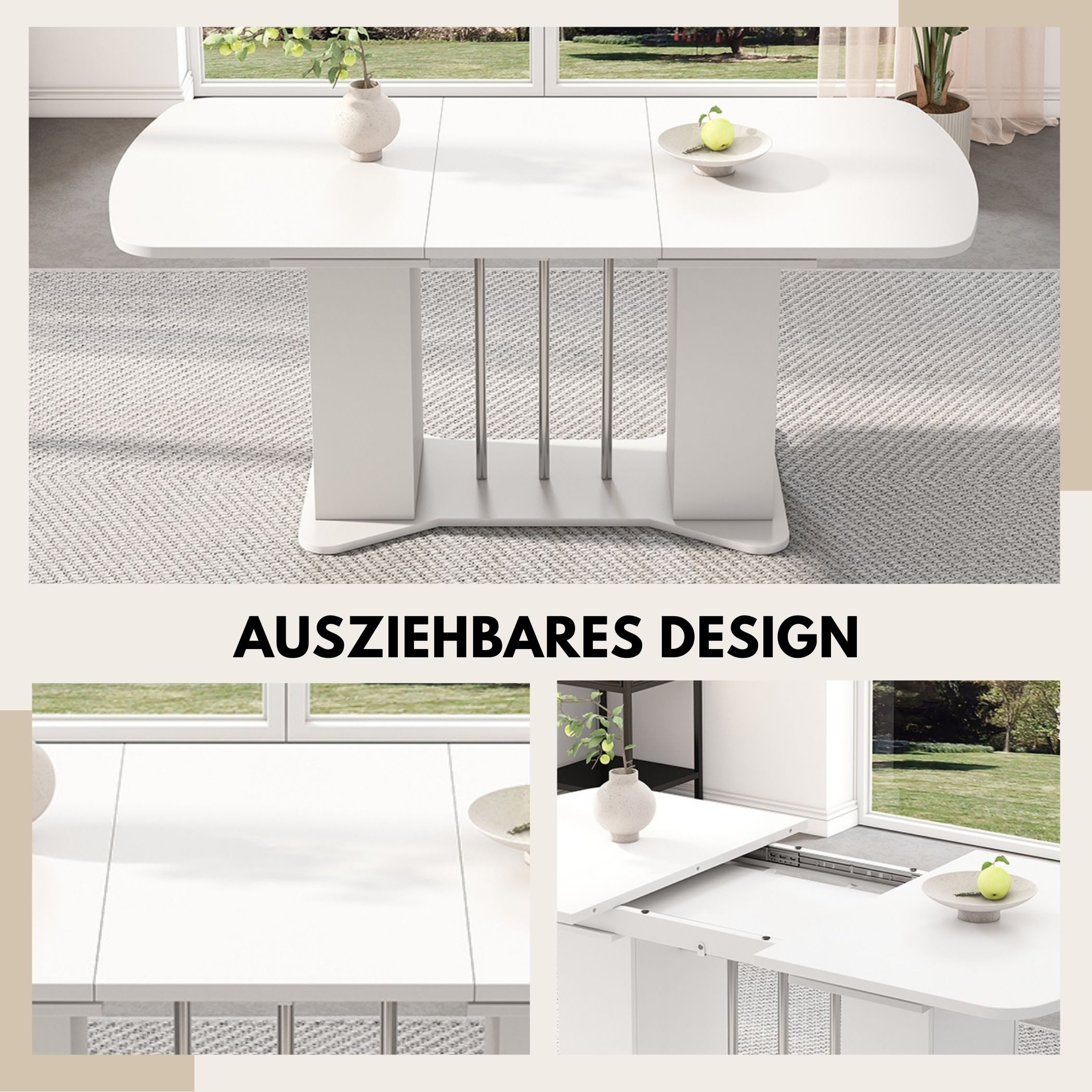SeedWave Esstisch Ausziehbarer Esstisch (120-160 cm), Stauraum auf Beiden Seiten, Moderner Design mit Silberplattierten Metallbeinen, Für 6-8 Personen