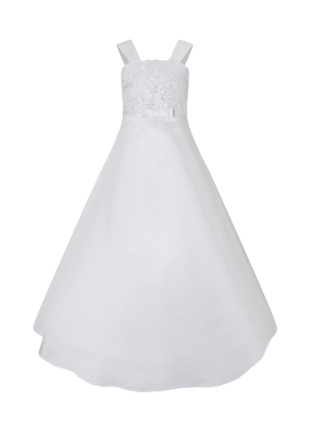 Märchenburg Satinkleid Eleganza Blanca, Kommunionkleid, Prinzessinnenkleid Satin m. Reifrock - KOMMUNIONKLEID - Tulpe 2026 - mit floralen Stickereien