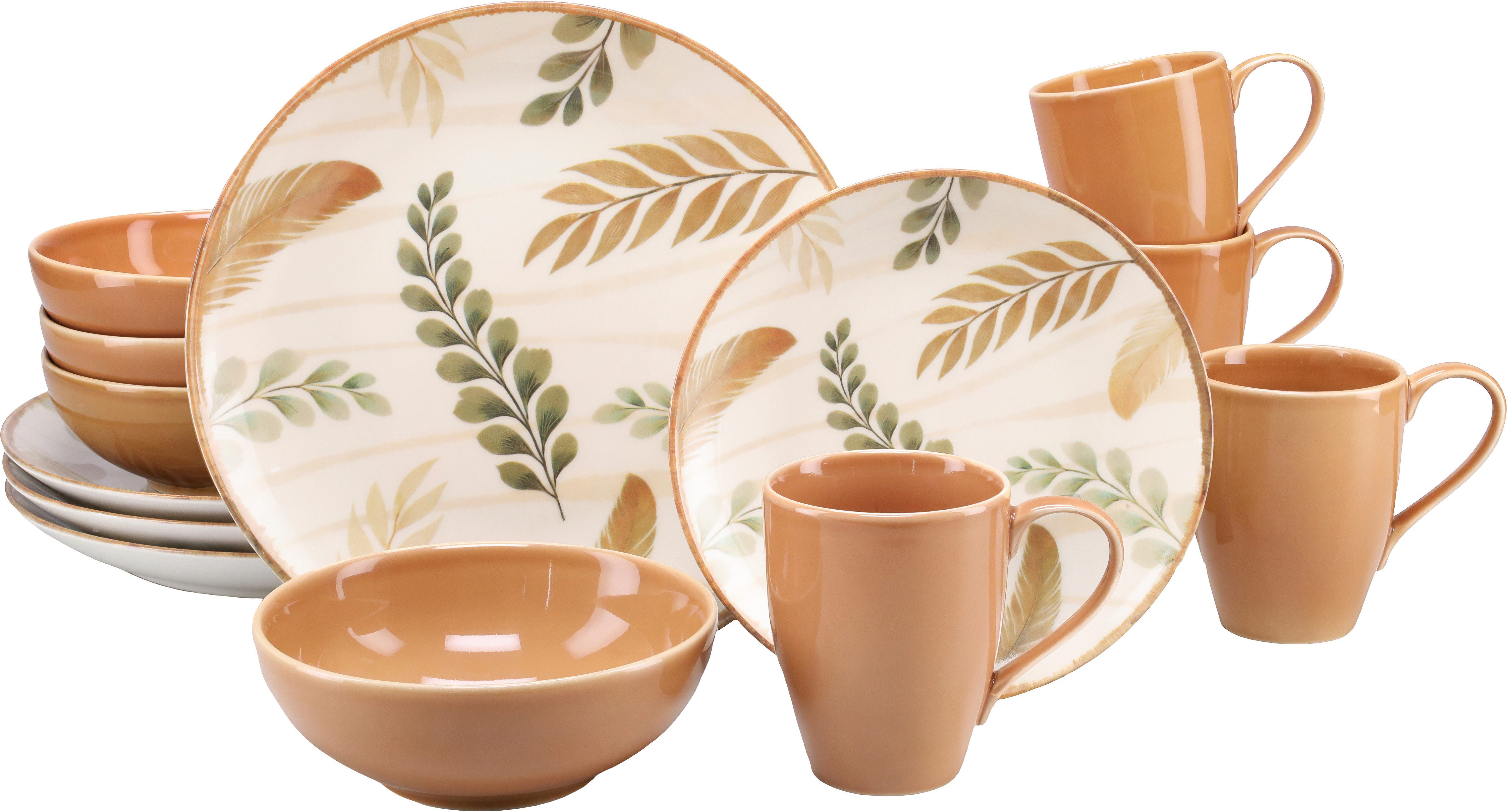 creaTable Kombiservice Blätter, Geschirr-Set, 16-tlg. (16-tlg), 4 Personen, Steinzeug, Robustes Steingut, cremefarbener Scherben