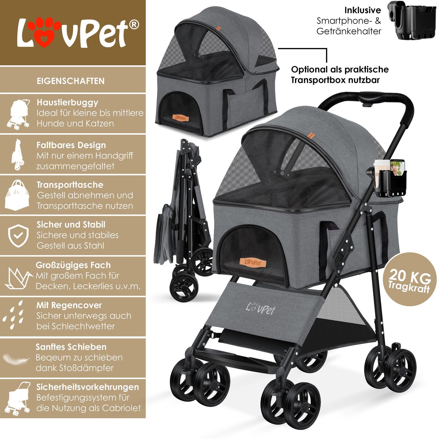 Lovpet Hundebuggy 2in1 Hundewagen max. bis 20kg Buggy für Haustiere, (Hundebox & Tasche mit Regenschutzabdeckung Getränkehalter Kuscheldecke), Haustier- & Katzenbuggy faltbar & klappbar mit Netzfenster