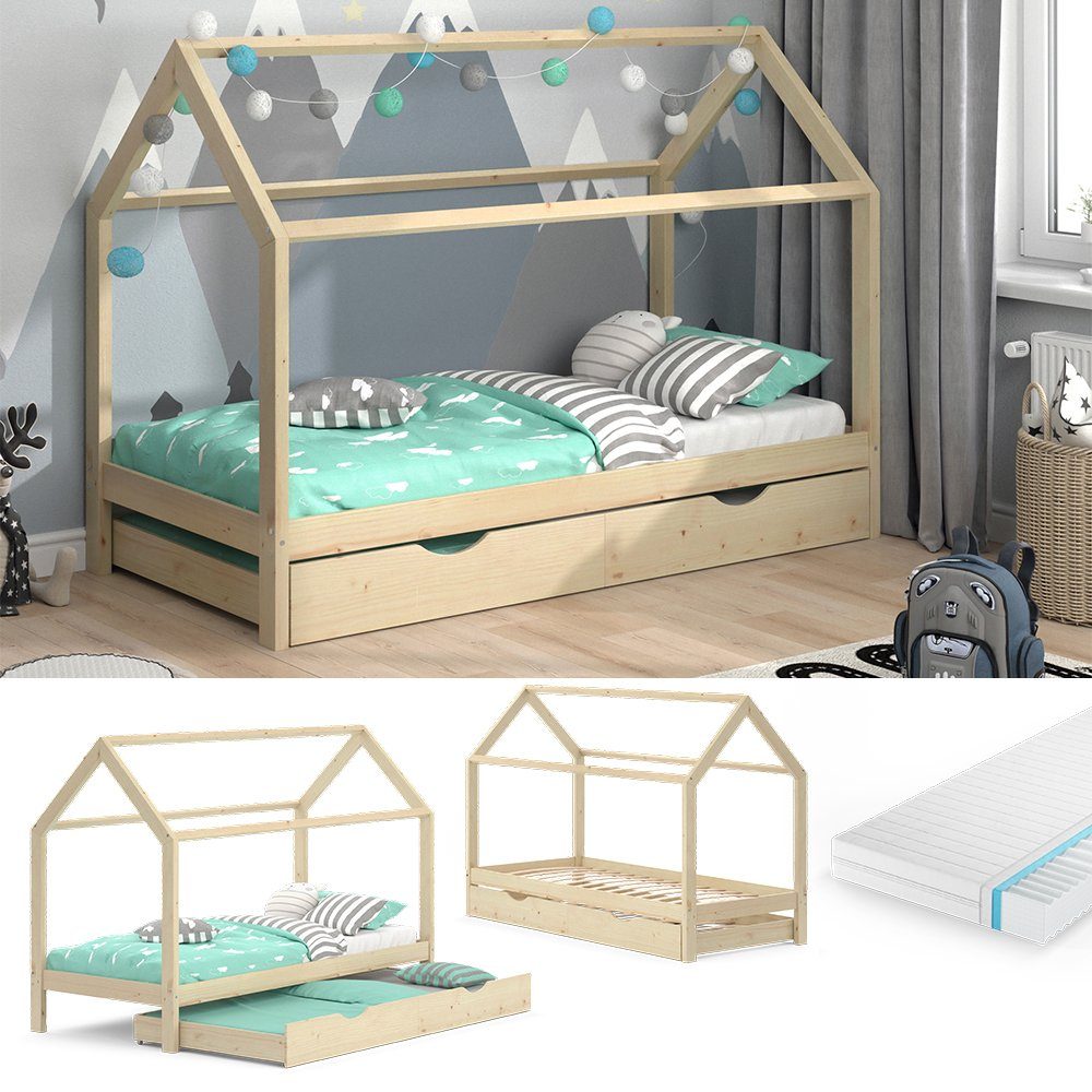 VitaliSpa® Hausbett Wiki, Naturholz, 90x200 cm mit Gästebett und Matratze (2-tlg)