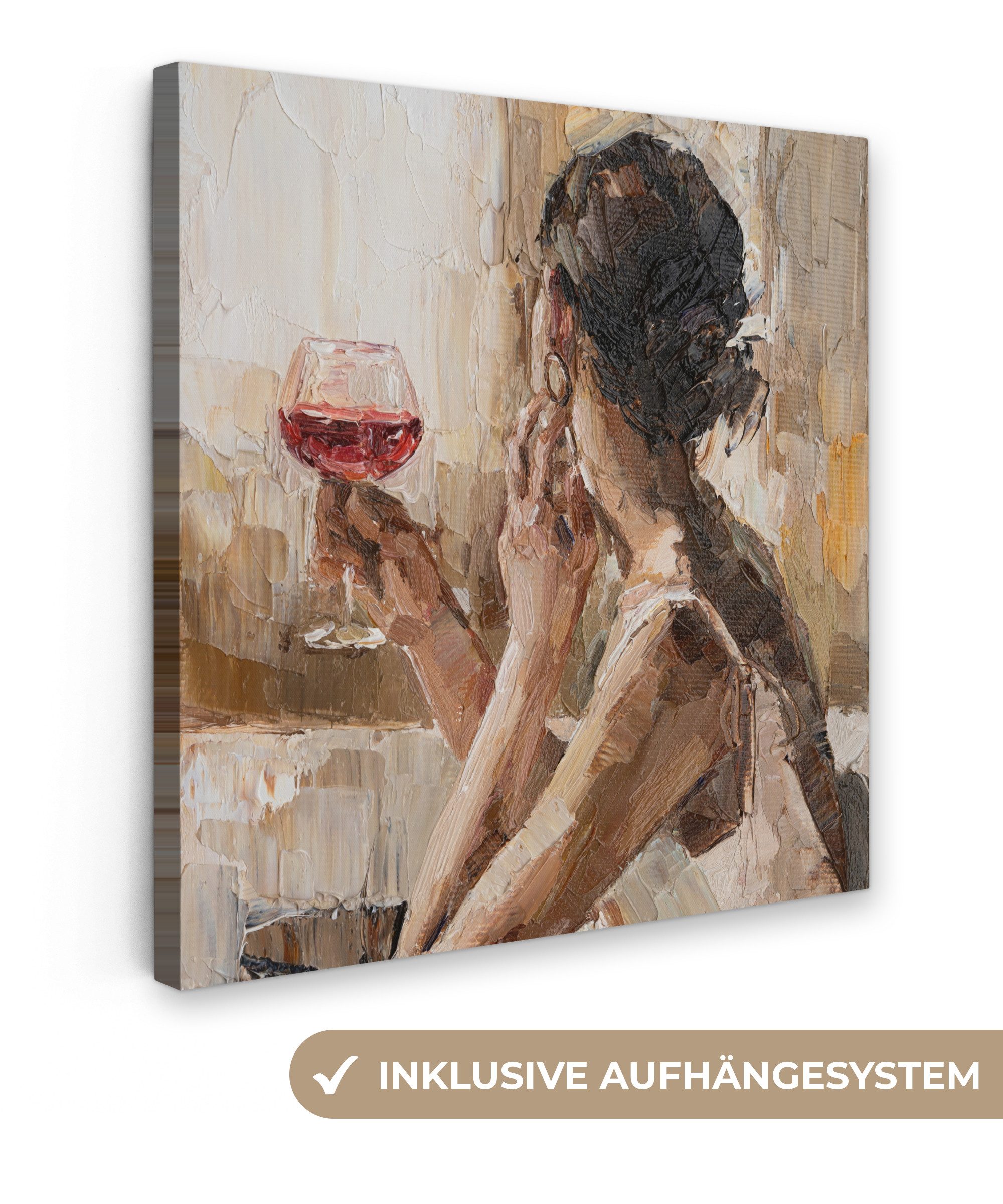 OneMillionCanvasses® Leinwandbild Kunstdrucke - Ölfarbe - Frau - Wein, Fotodruck (1 St), Wandbild, Deko Schlafzimmer Wohnzimmer Flur 20x20 cm