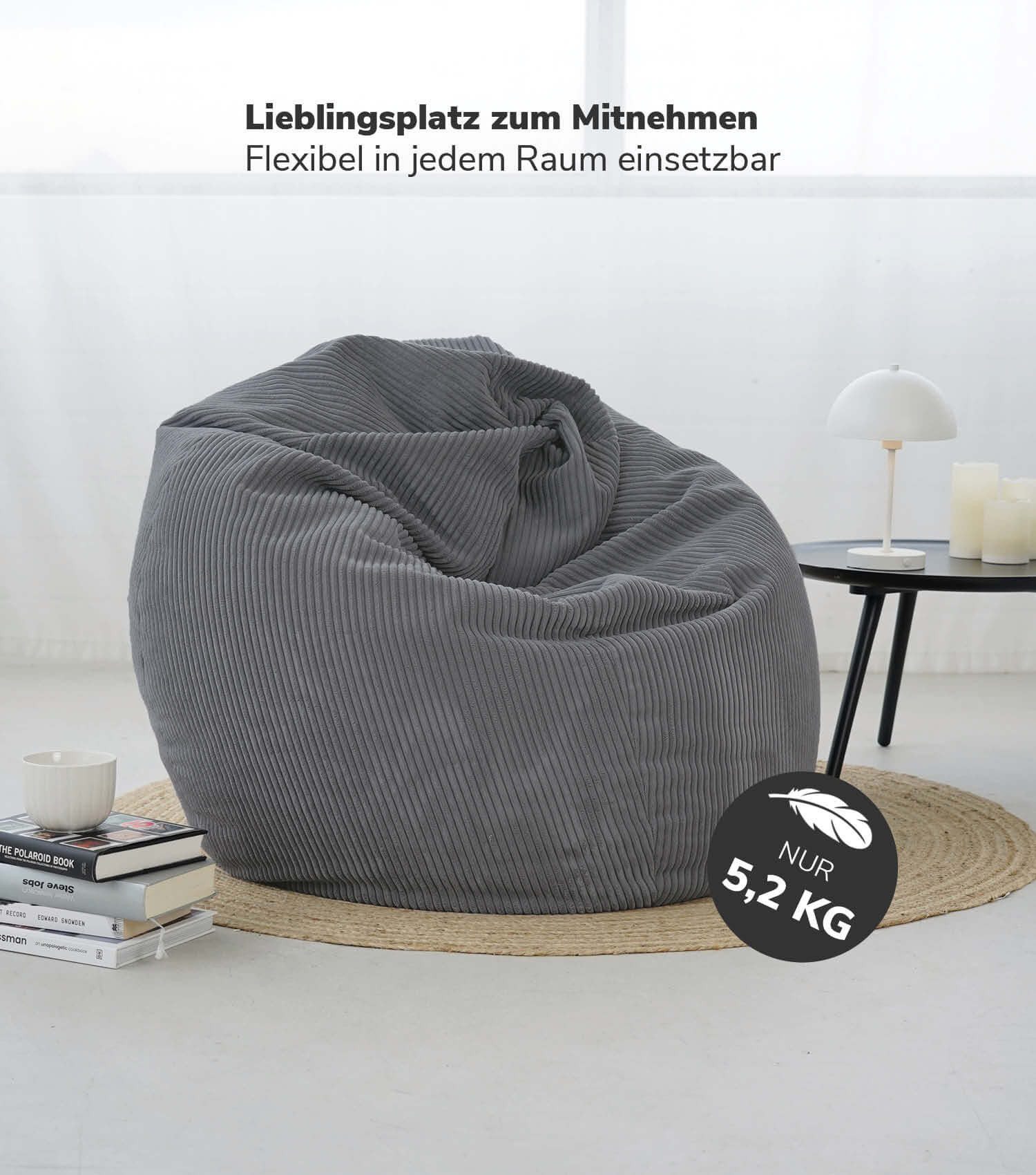 mokebo Sitzsack Der Tagträumer (aus Cordstoff), Bean Bag XXL aus Cord, Sitzkissen, Gaming Stuhl, Bodenkissen Anthrazit