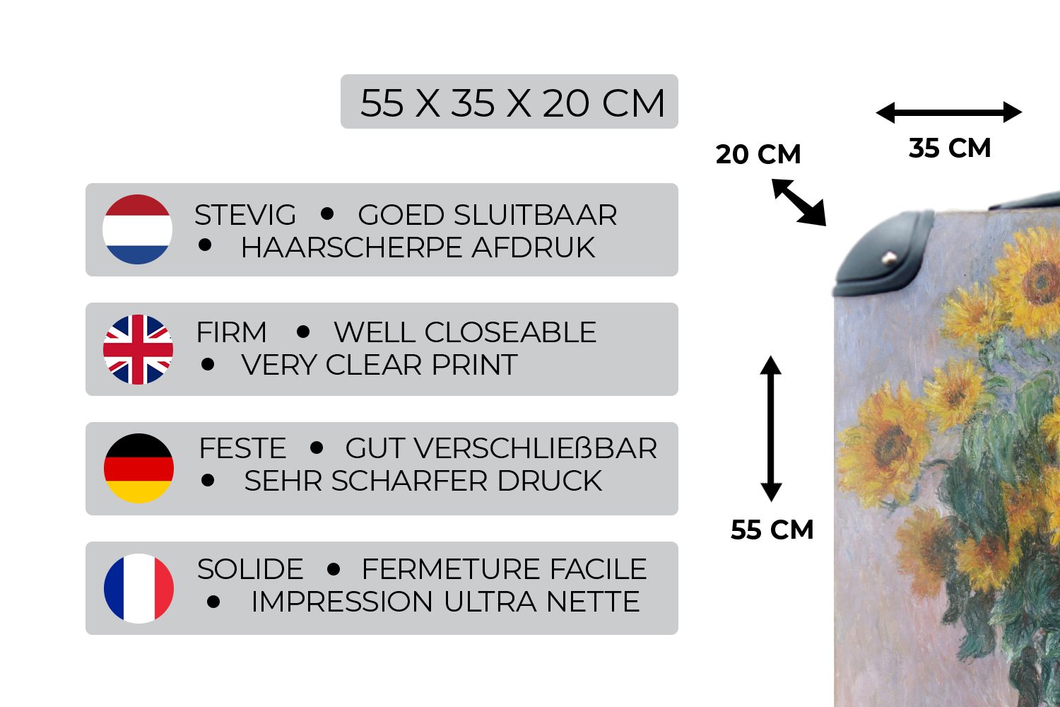 MuchoWow Handgepäckkoffer Blumenstrauß 4 Gemälde Reisekoffer für mit Sonnenblumen - Reisetasche Ferien, Rollen, Claude von Handgepäck Trolley, mit Monet, rollen