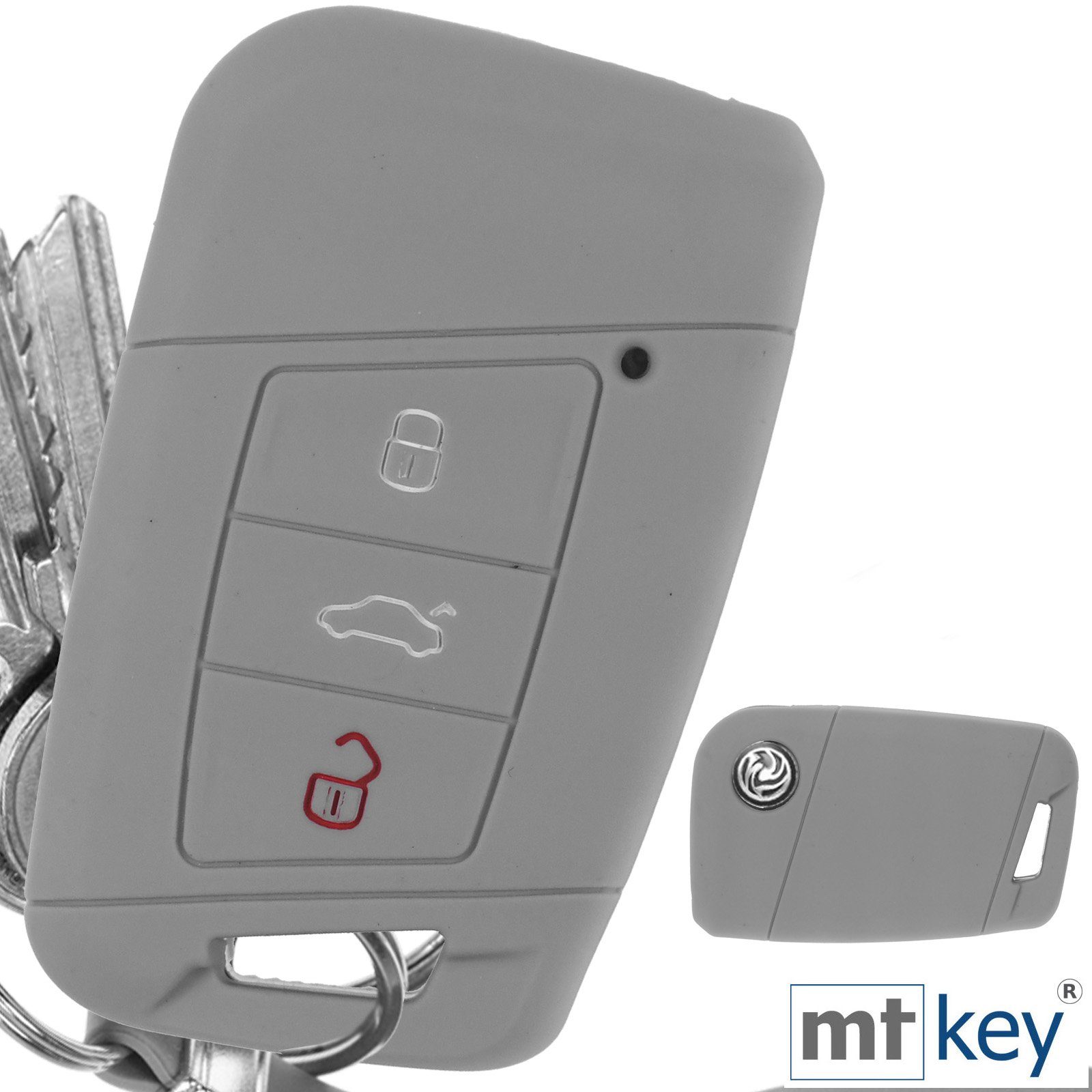 mt-key Schlüsseltasche Autoschlüssel Softcase Silikon Schutzhülle Grau, für VW Passat B8 Arteon Skoda Kodiaq 3 Tasten KEYLESS SMARTKEY