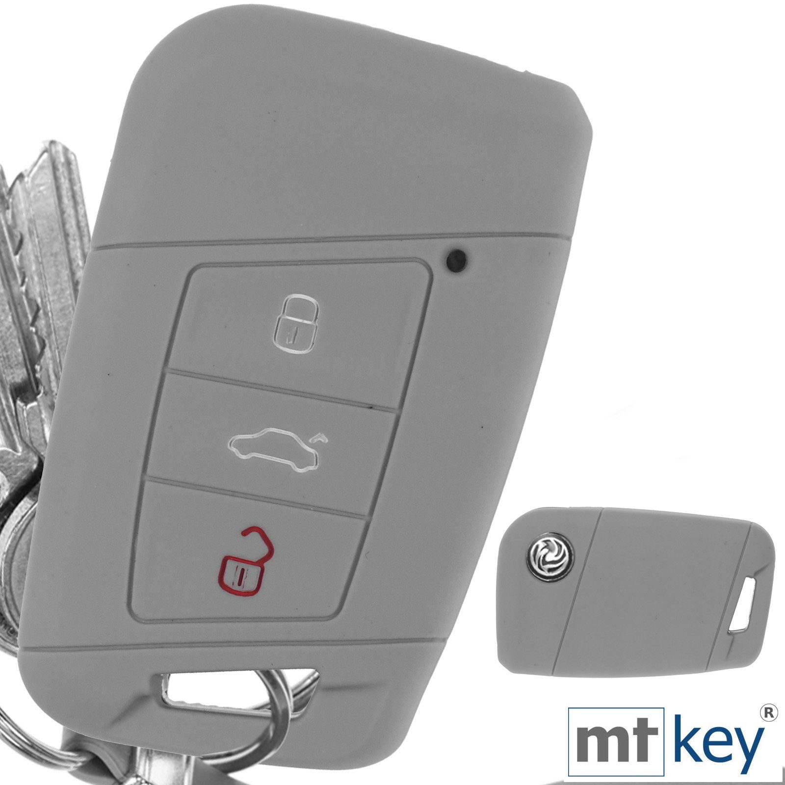 mt-key Schlüsseltasche Autoschlüssel Softcase Schutzhülle KEYLESS Skoda Grau Schlüsselband, B8 Kodiaq Passat Silikon SMARTKEY Arteon Tasten 3 mit für VW