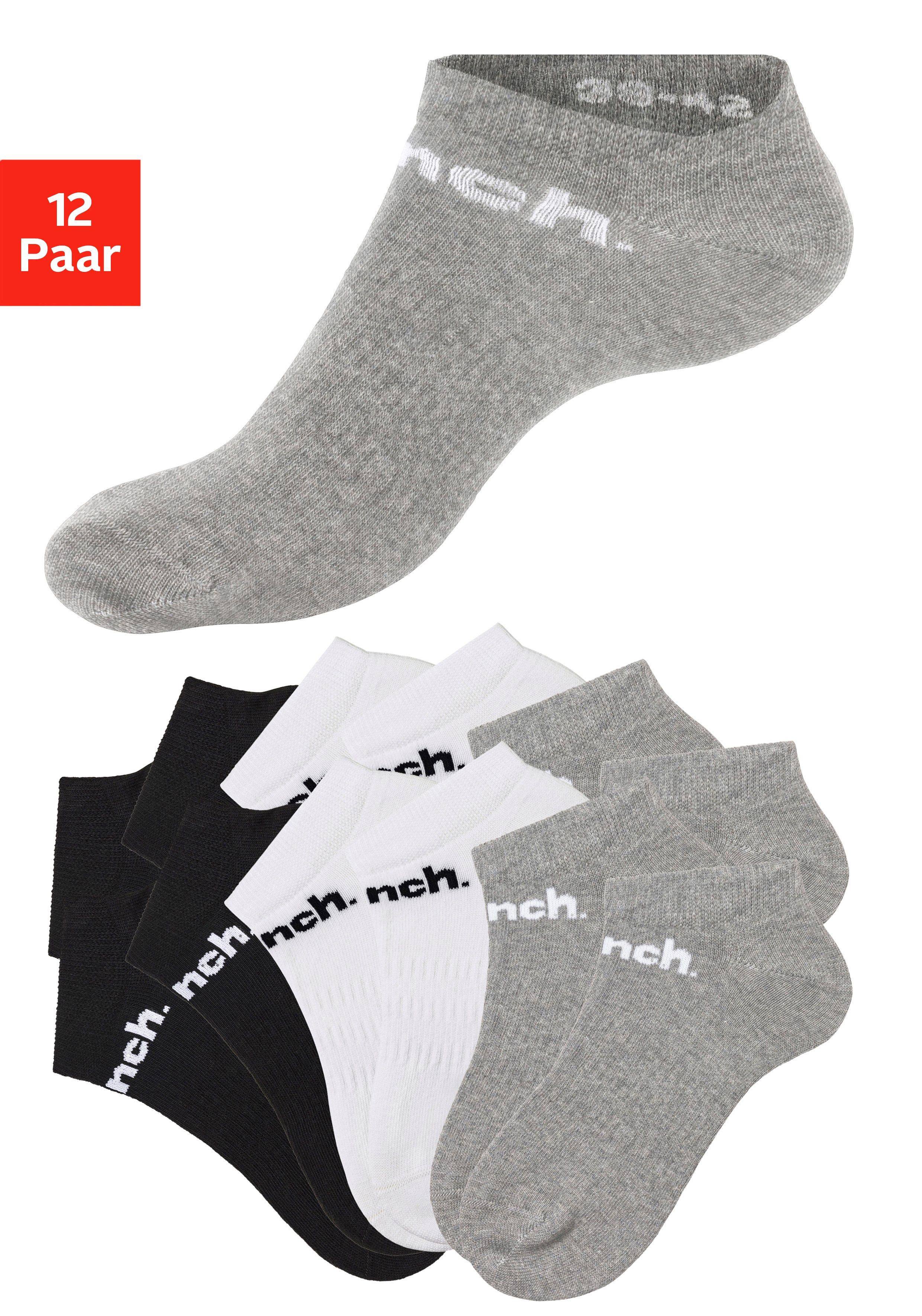 4x Sneakersocken 12-Paar) mit weiß, klassischem 4x grau-meliert Logoschriftzug (Set, schwarz, 4x Sportsocken Bench.