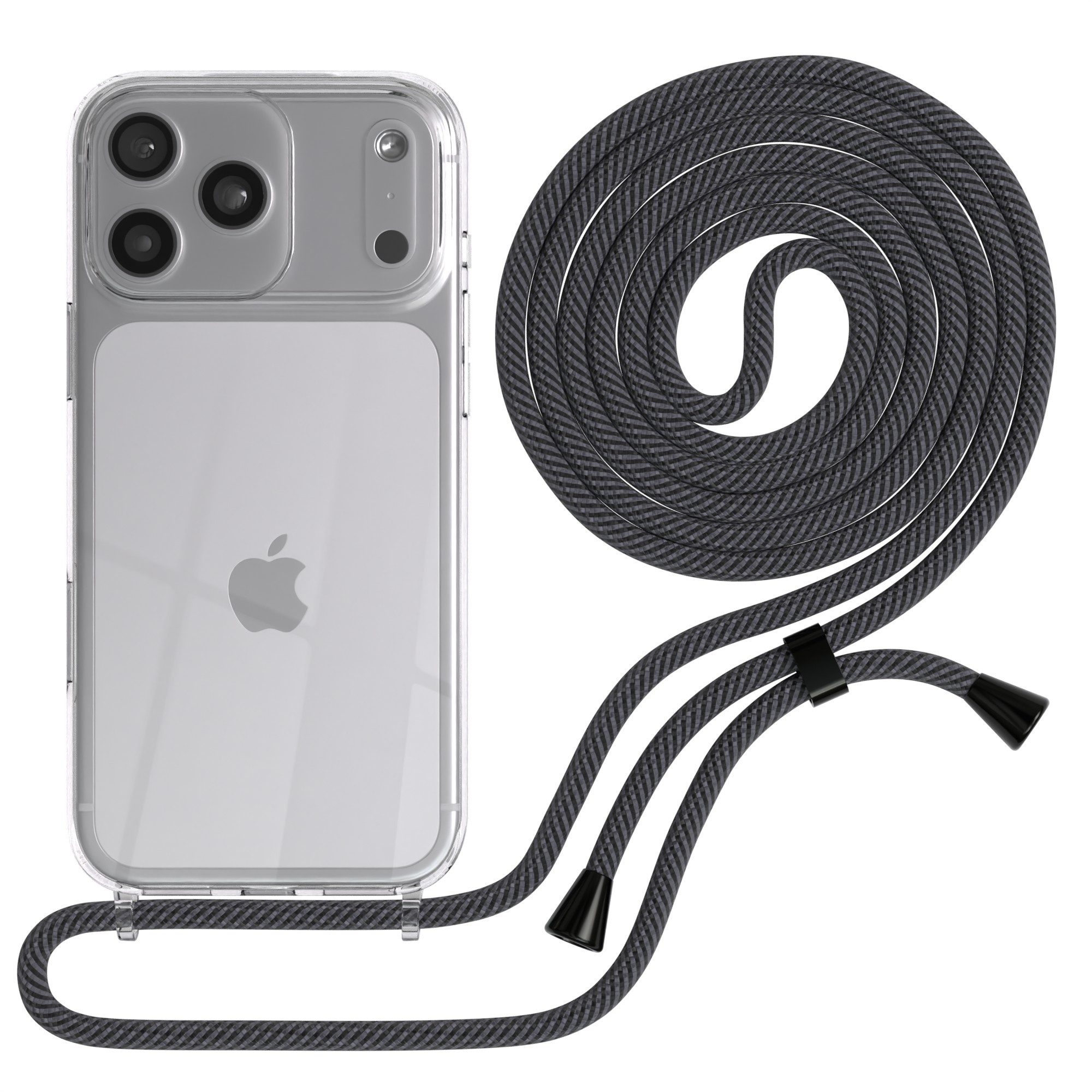 EAZY CASE Handykette Hülle mit Kette für Apple iPhone 17 Pro Max 6,9 Zoll, Handykette zum Umhängen Hülle mit Kordel Rundes Band Grau Schwarz