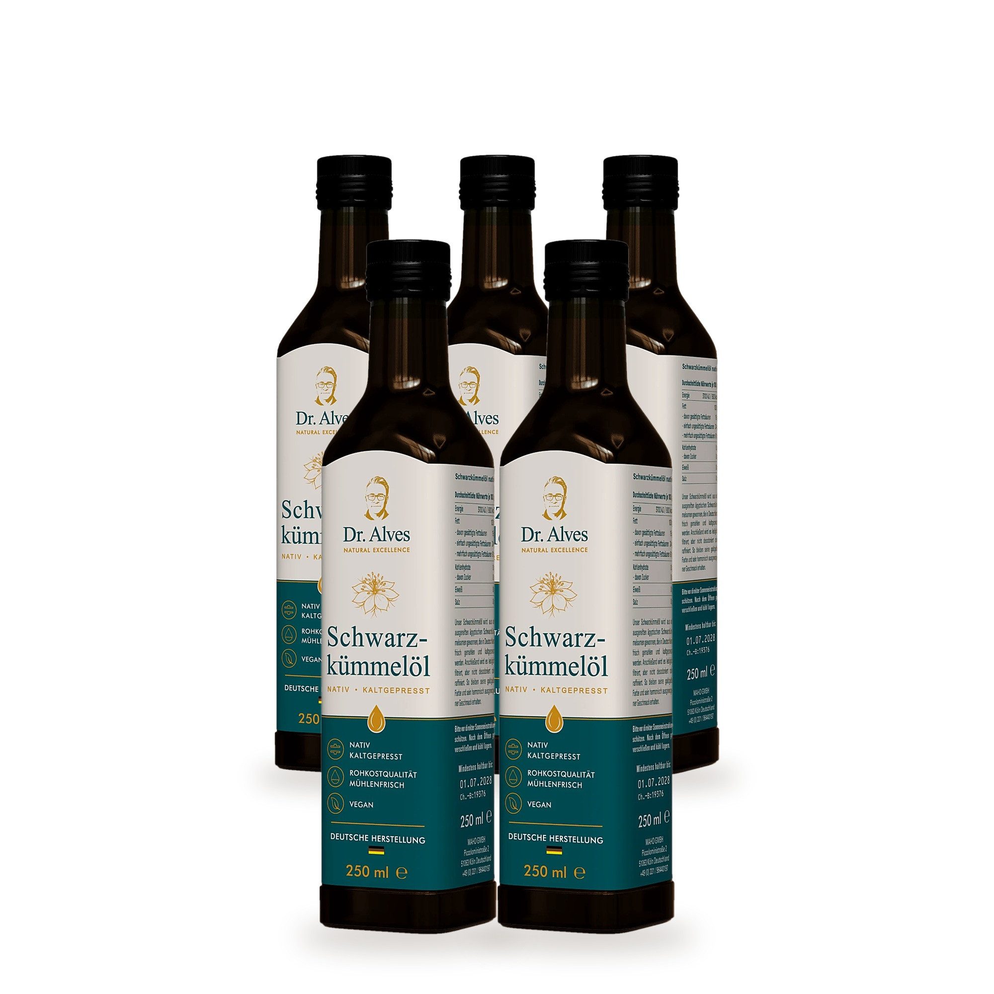 Dr. Alves Speiseöl Schwarzkümmelöl nativ, kaltgepresst & mühlenfrisch, 5 x 250 ml, (Vorteilspack), mild & goldgelb, mit Dosierausgießer