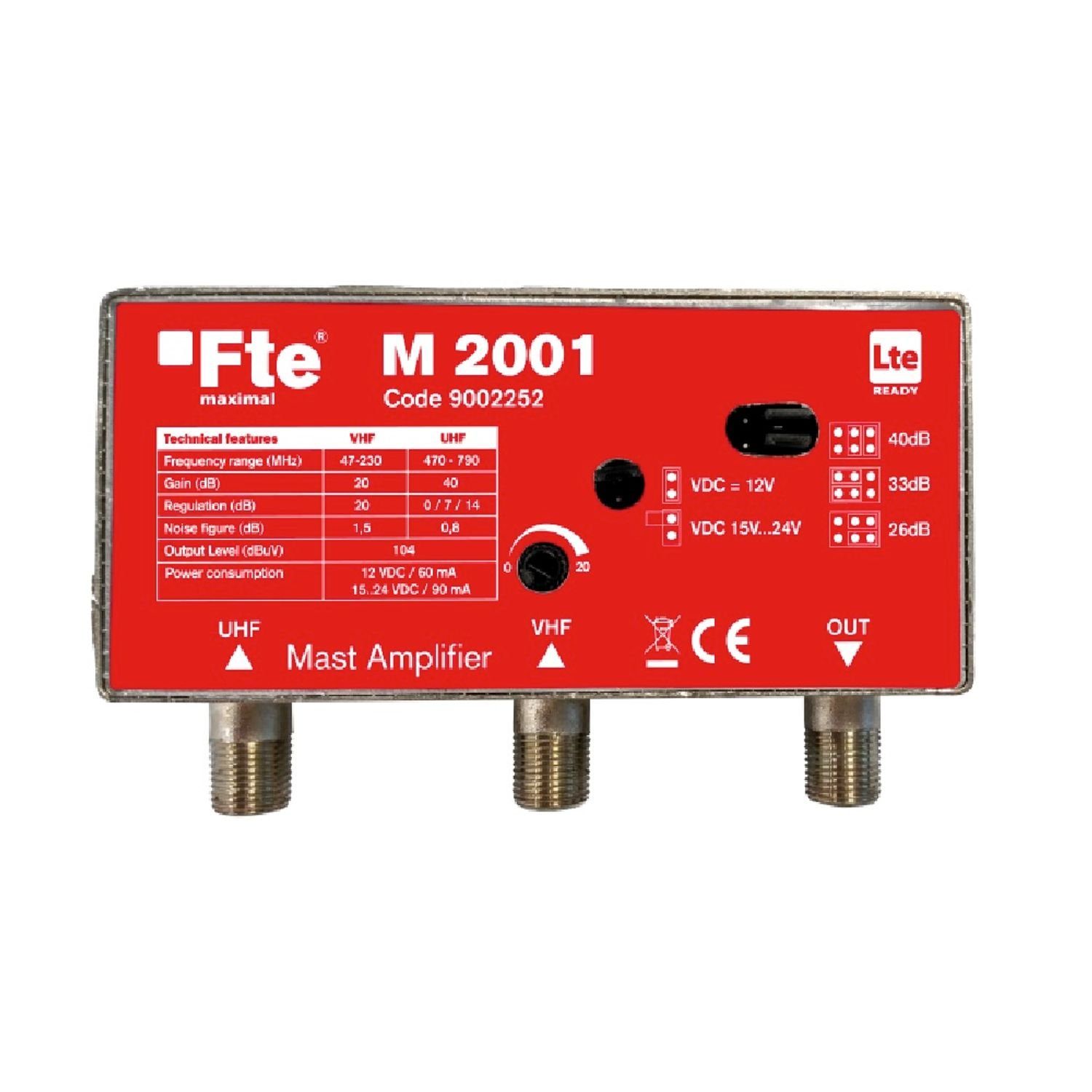 FTE Maximal M2001 Mastverstärker zwei Eingängen UHF 40dB / VHF 20dB -  C21-C60 Zwischenverstärker