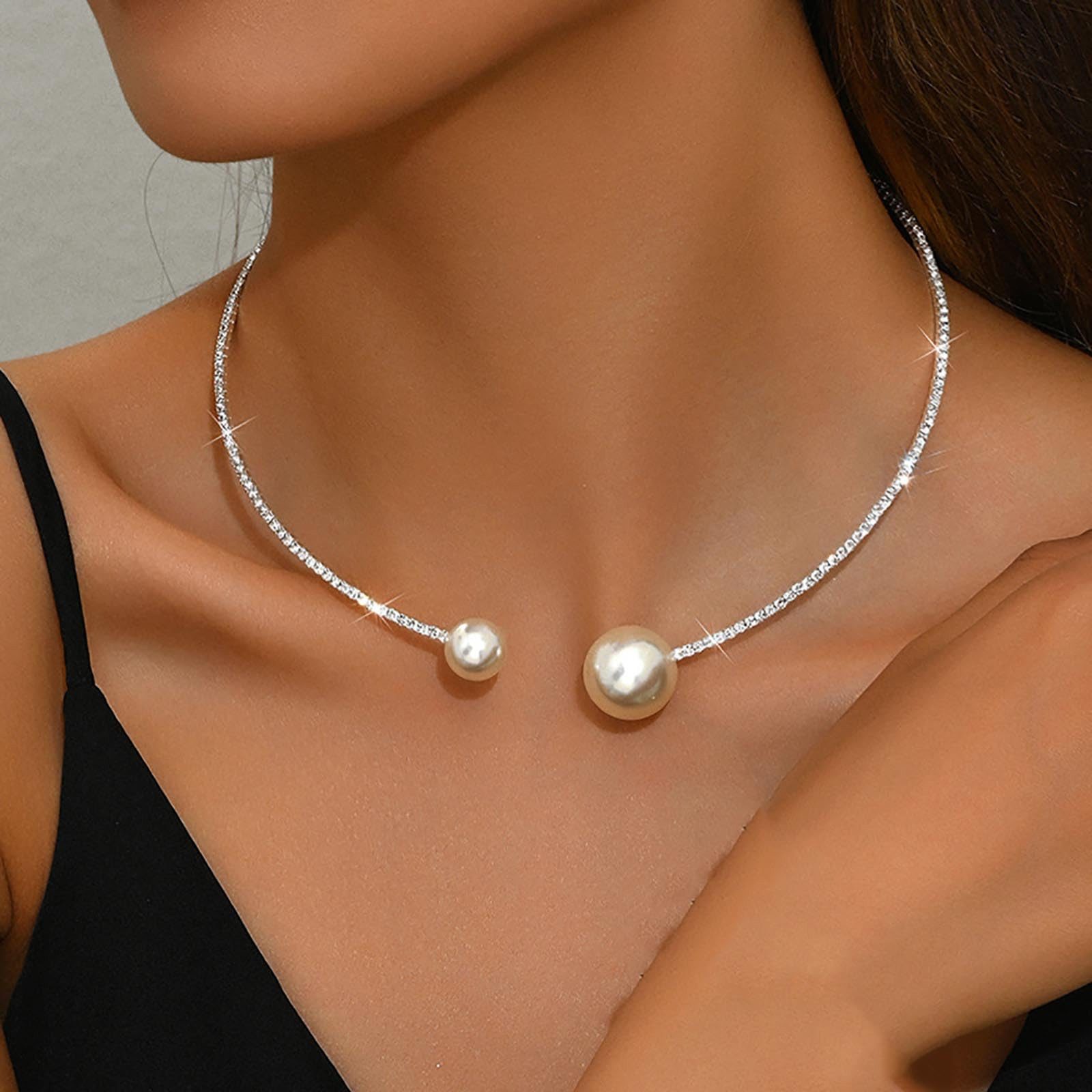MOPUEA Kette mit Anhänger Strass Perlenkette Choker, Faux Perle offene geometrische Kragen (Hochzeit Halsketten Braut Kristall Kette Schmuck, 1-tlg), Silber Kristall Zarte Halskette Schmuck für Frauen und Mädchen