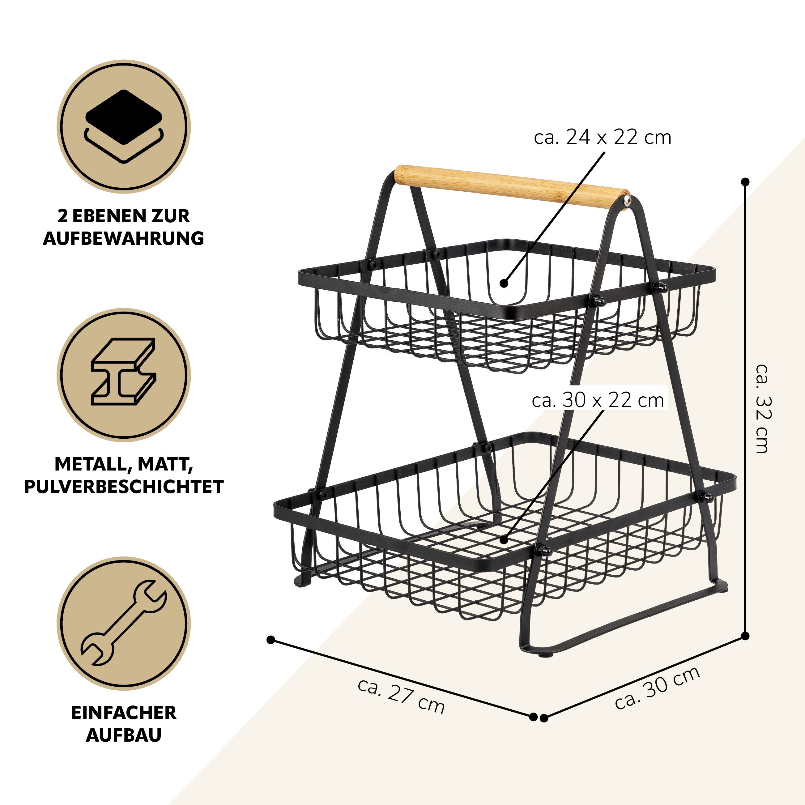 eluno Obstschale 2-stöckige Etagere, aus Bambus und schwarzem Metall