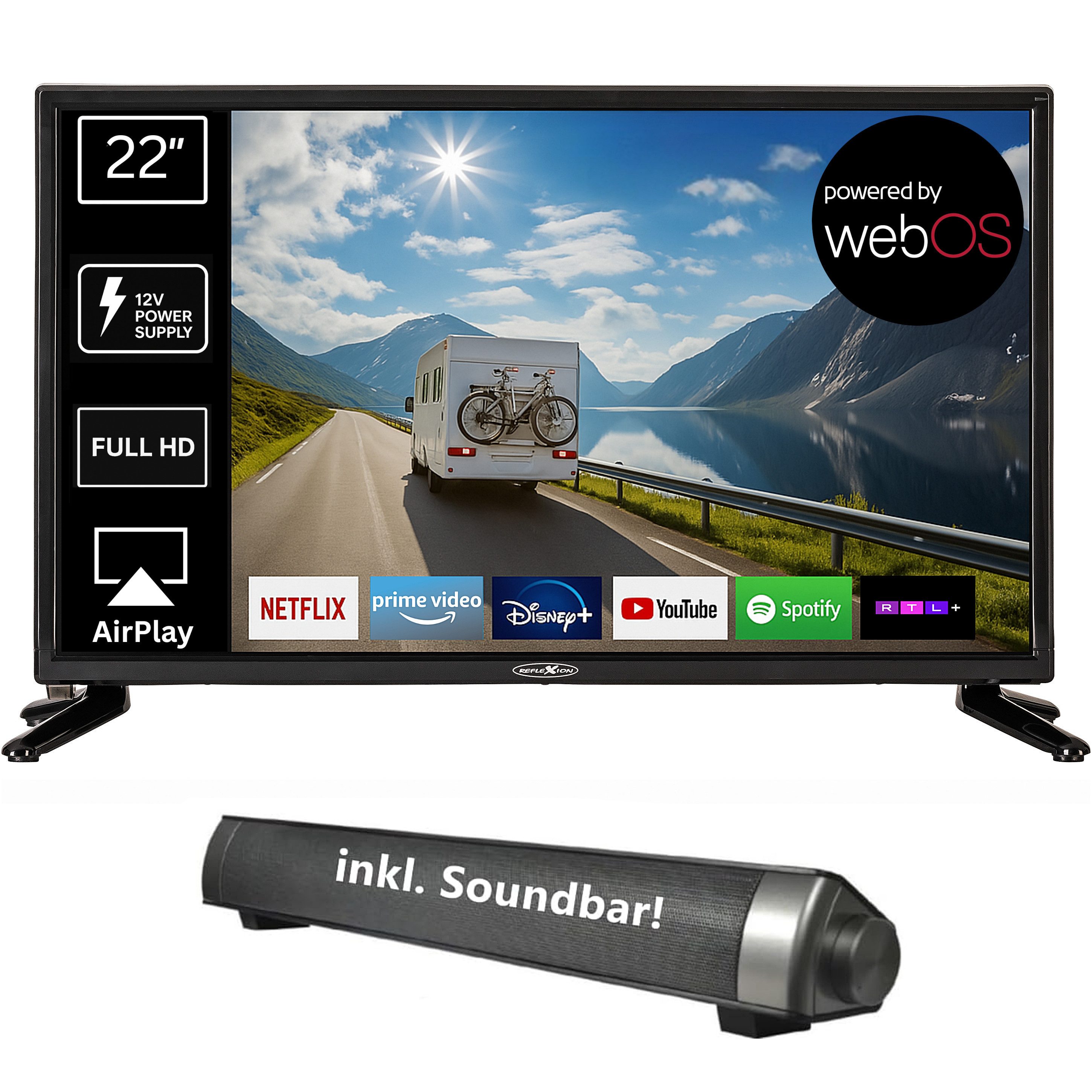 Reflexion LED22IBT LED-Fernseher (55,00 cm/22 Zoll, Full HD, Smart-TV, powered by webOS Hub (LG), DC IN 12 Volt, Netzteil 230 Volt, DVB-T2HD/S2/C, Bluetooth, WLAN)