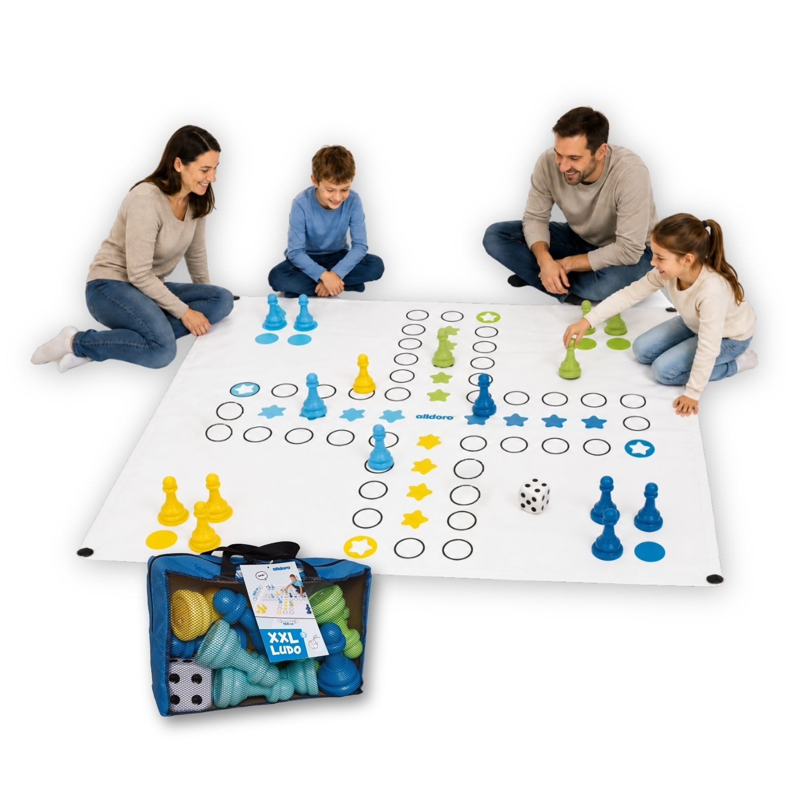alldoro Spiel XXL Riesen Ludo, Brettspiel-Klassiker im Jumbo Format, 150 x 150 cm, XXL Ludo, indoor & outdoor, für 4 Mitspieler, geeignet für Kinder ab 3 Jahren