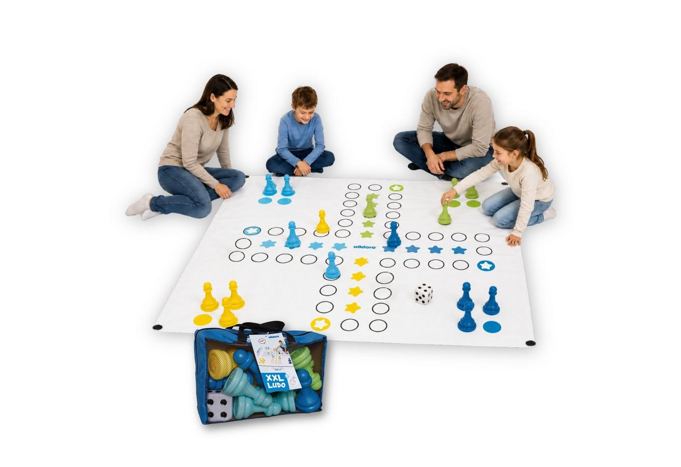 alldoro Spiel XXL Riesen Ludo, Brettspiel-Klassiker im Jumbo Format, 150 x 150 cm, XXL Ludo, indoor & outdoor, für 4 Mitspieler, geeignet für Kinder ab 3 Jahren