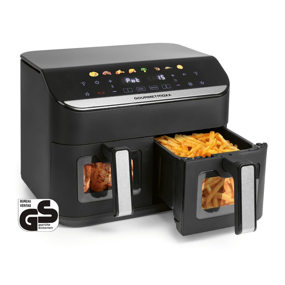 GOURMETmaxx Heißluftfritteuse Airfryer mit Doppelkorb 2x 4,5l 2400W, 2400 W, 8 Programme Touchscreen Pommes Steak wenig Fett 2 Speisen gleichzeitig