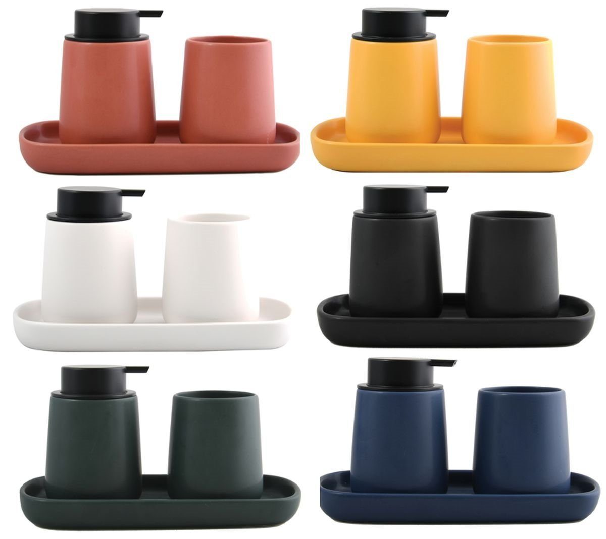 MSV Badaccessoires-Sets MAONIE, schickes Zubehör-Set aus hochwertiger Keramik, 3 tlg., bestehend aus: Seifenspender, Zahnputzbecher, Ablage Tablett, aktuell angesagte Trendfarben, elegante Matt-Optik, weiß, Kombi-Set, 3 tlg.