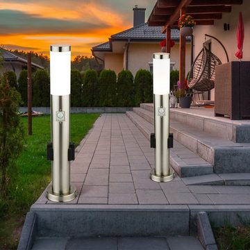 etc-shop Pollerleuchte, Leuchtmittel nicht inklusive, 2er Set Edelstahl Steh Lampe Außen Steckdosen Bewegungsmelder Garten