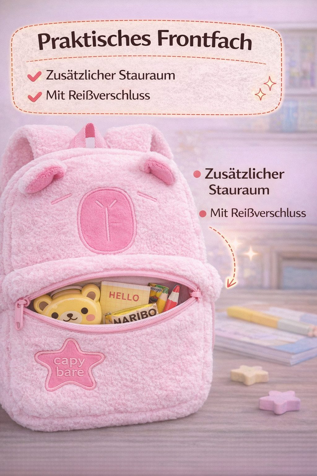 soma Schulrucksack Plüsch Kinder Rucksack Capybara Rosa mit Frontfach Reißverschluss (Set, 1-tlg., Geschenk-Set), Flauschiger Kinder Rucksack mit Capybara Motiv – Bild 4 von 5