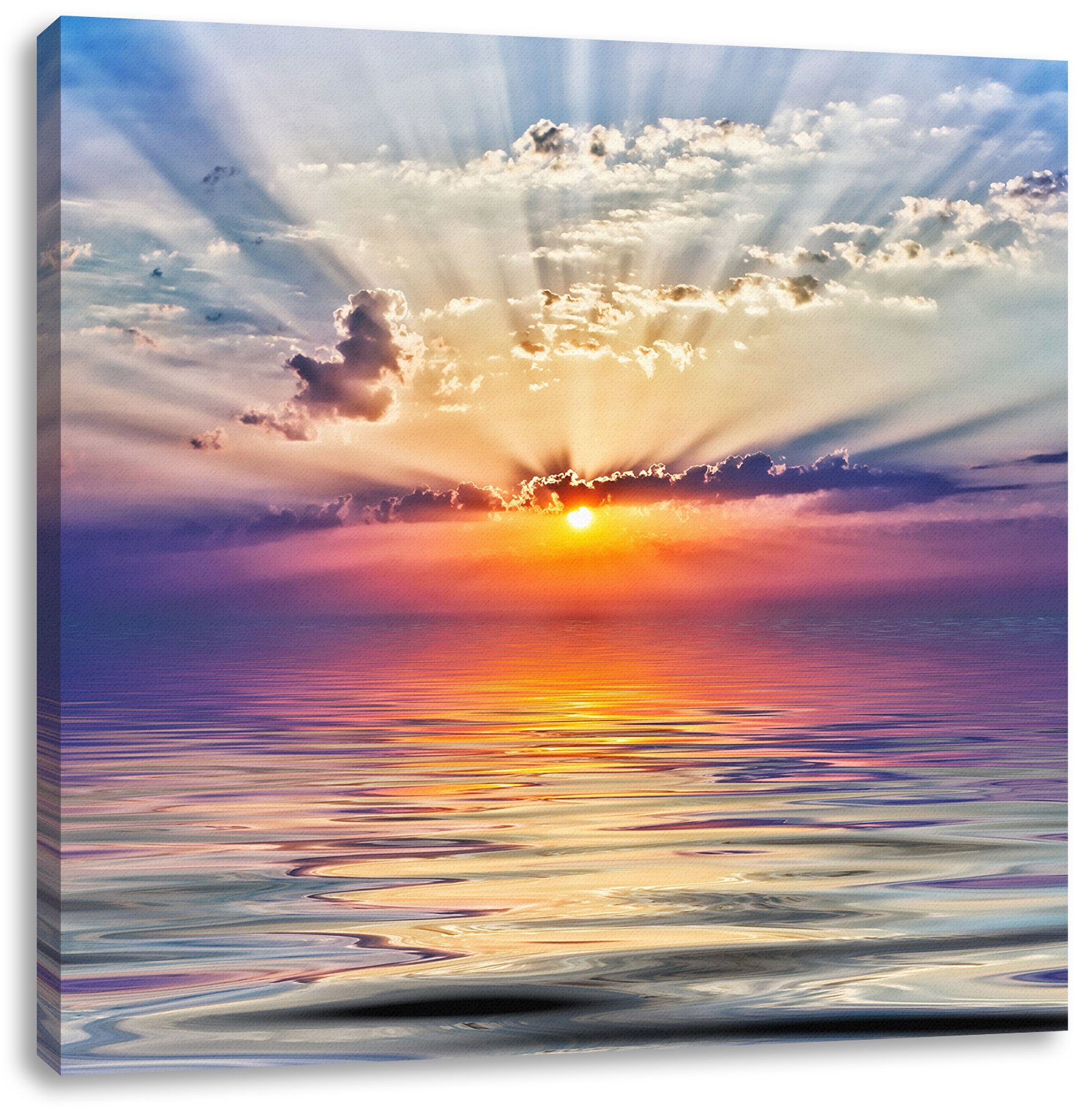 bespannt, St), im inkl. Meer, Leinwandbild Zackenaufhänger fertig Meer Sonnenaufgang Pixxprint im (1 Sonnenaufgang Leinwandbild