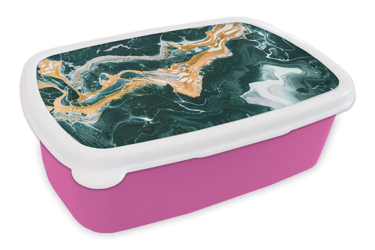 MuchoWow Lunchbox Marmor - Aqua - Golden, Kunststoff, (2-tlg), Brotbox für Erwachsene, Brotdose Kinder, Snackbox, Mädchen, Kunststoff rosa