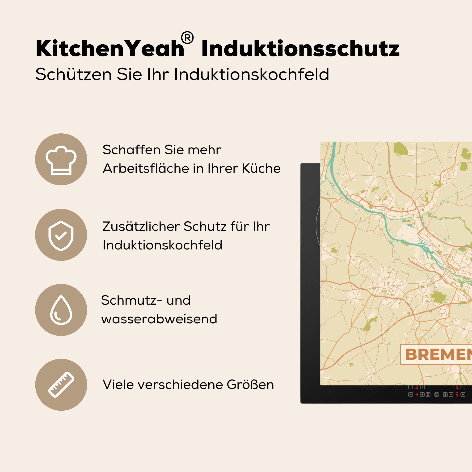 MuchoWow Arbeitsplatte 78x78 Jahrgang Bremen (1 Vinyl, cm, tlg), Stadtplan, küche - - - Herdblende-/Abdeckplatte Karte Ceranfeldabdeckung, für