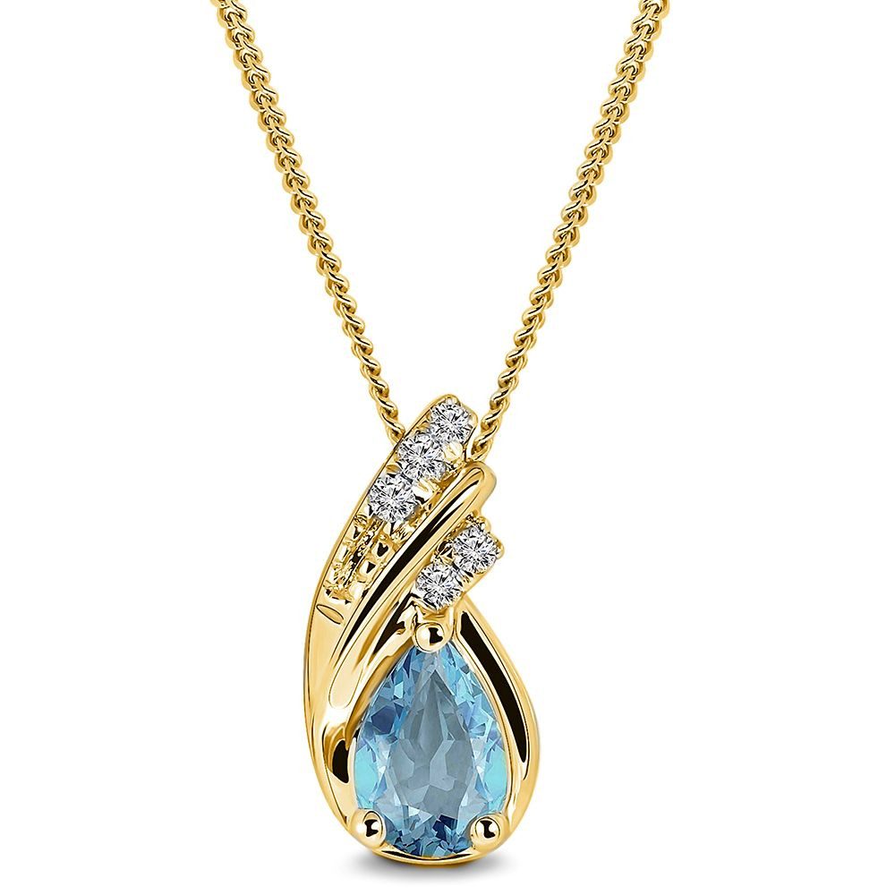Miore Kette mit Anhänger MG9171YN - 9K 375 Gelbgold mit Blautopas 0,44 ct & 5 Diamanten 0,03 ct, an 18 kt vergoldeter 925 Sterling Silber Kette 45 cm
