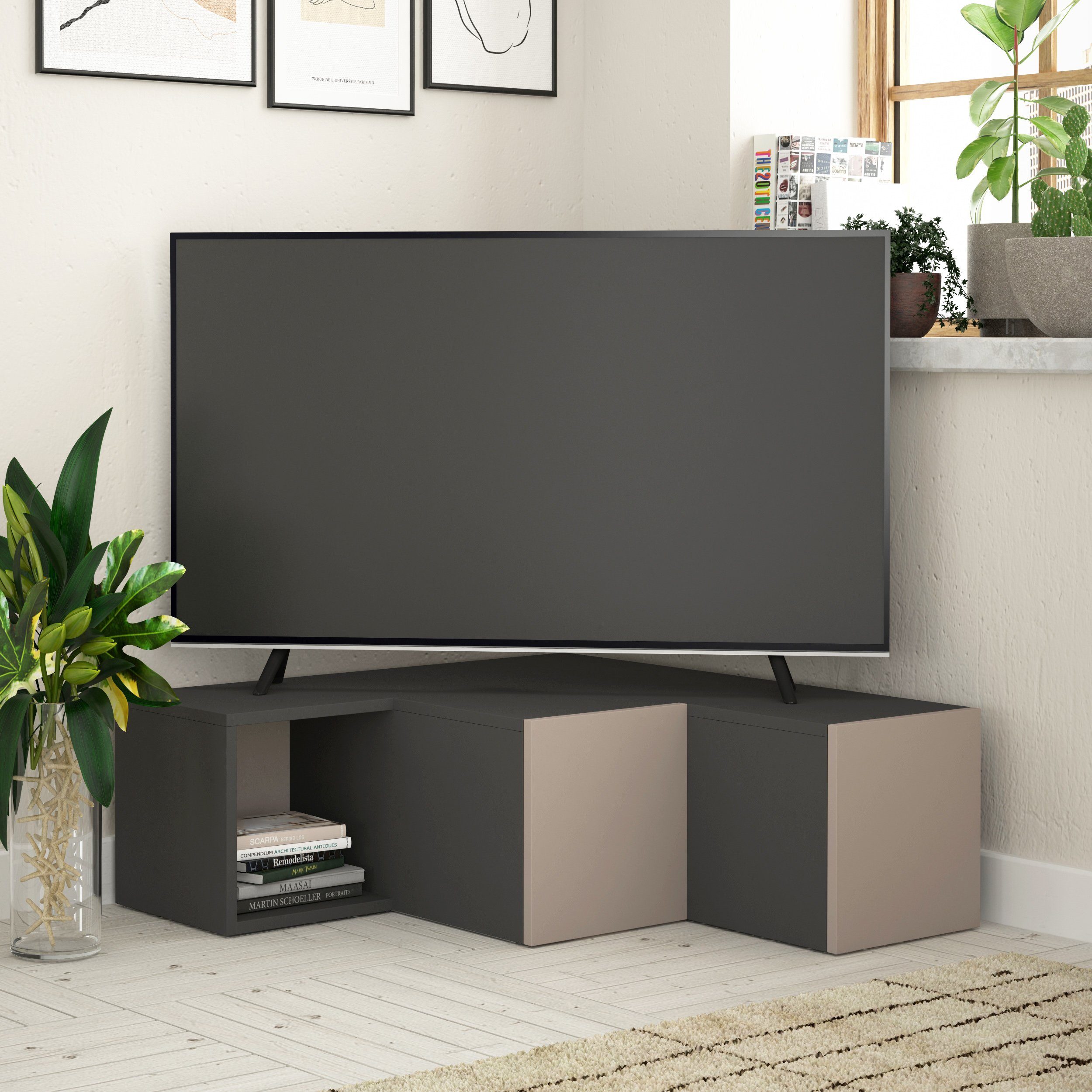 Decortie Compact TV-Ständer, (bis 50,00 Zoll, Moderner TV-Ständer TV-Element Mit Wandregal, 90,6 x 94,2 x 31,4 cm) Anthrazit-Helles Mokka