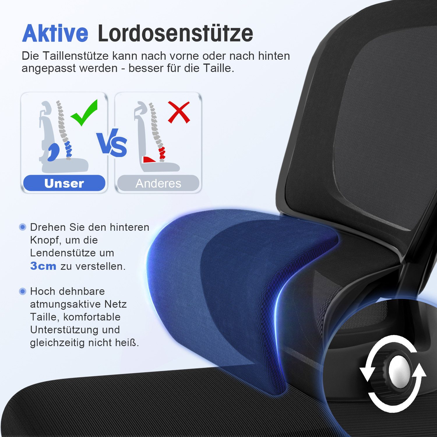 Homimaster Bürostuhl Bürostuhl, Schreibtischstuhl Ergonomisch mit Klappbaren Armlehnen (Bürostuhl mit Verstellbarer Kopfstütze, 90° Klappbare Armlehnen und Lendenwirbelstütze, Höhenverstellbarer Chefsessel aus Mesh), Bürostuhl mit maximaler Neigung von 135°, bis 150 kg belastbar
