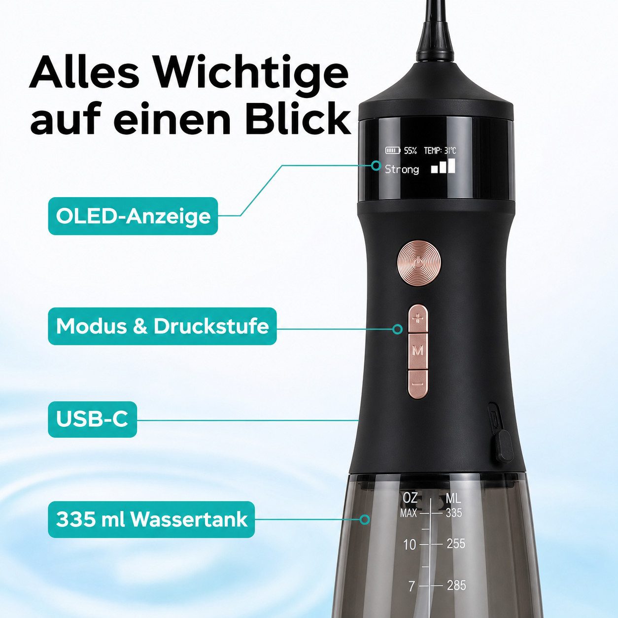 Futicare Munddusche kabellos mit UVC-Selbstreinigung, 4 Modi & 3 Druckstufen, Aufsätze: 6 St., OLED-Anzeige, 335-ml-Wassertank, 6 Aufsätze, USB-C, Schwarz