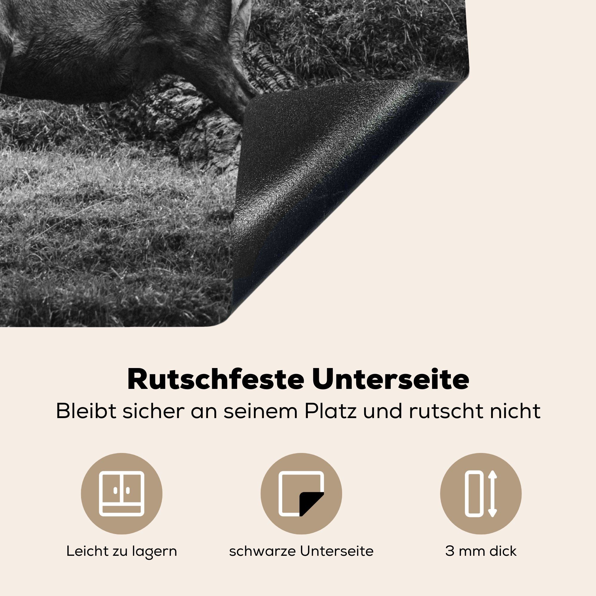 MuchoWow Herdblende-/Abdeckplatte Hirsche Vinyl, Arbeitsfläche einer hügeligen - nutzbar, (1 Mobile schwarz-weiß, Ceranfeldabdeckung in cm, Landschaft tlg), 60x52
