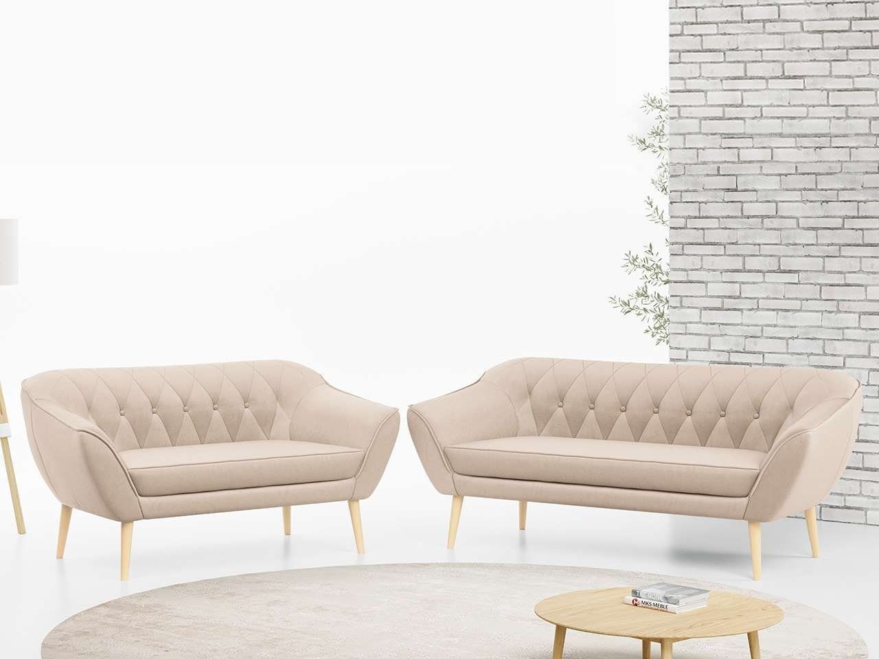 MKS MÖBEL Sofa PIRS 3 2, Skandinavischer Stil, Gesteppte Polsterung, Moderne Sofa Set 3 + 2 Beige Casablanca