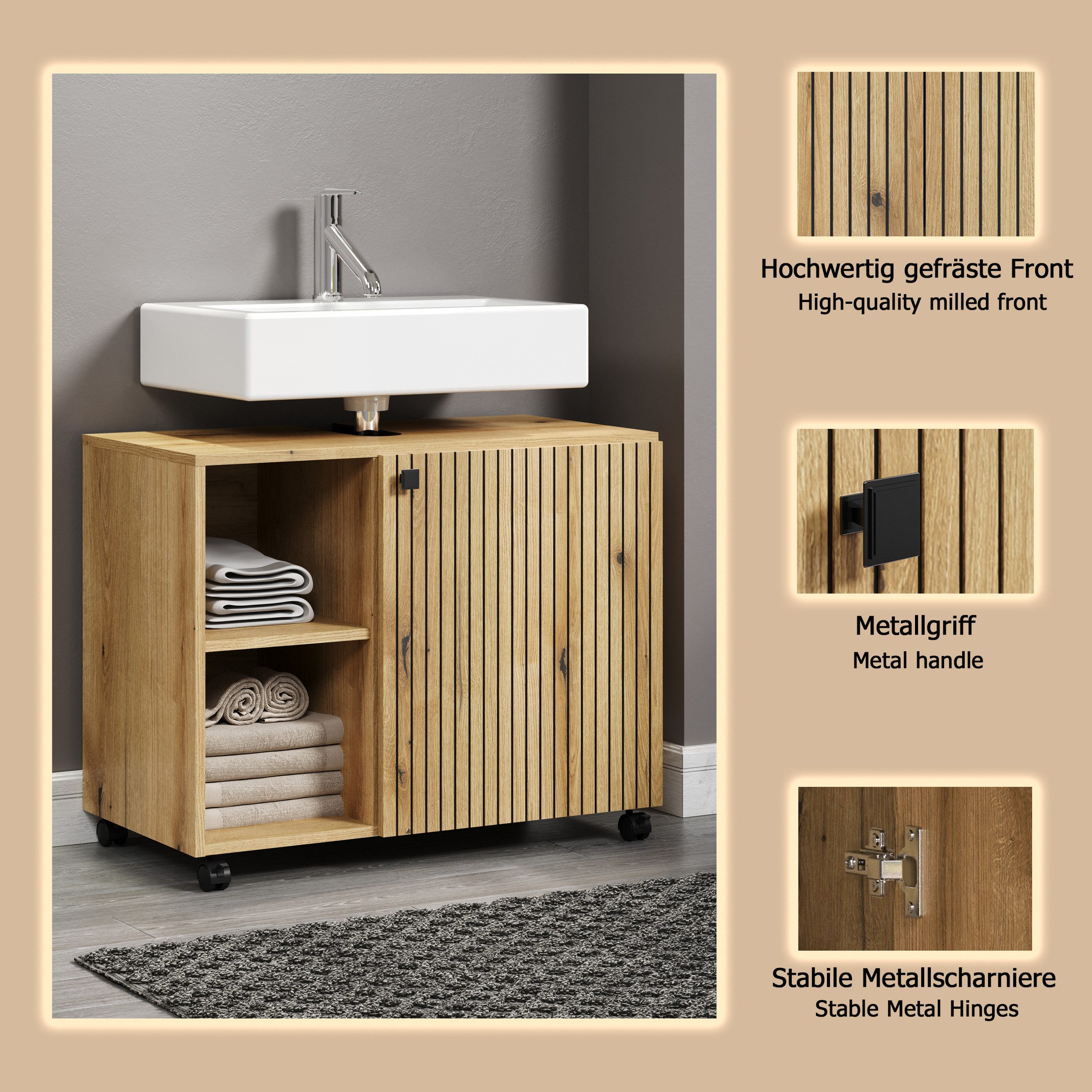 welltime Waschbeckenunterschrank Amrum (1-St) Waschtisch auf Rollen - (B/T/H) wahlweise 60-80/42/64 cm