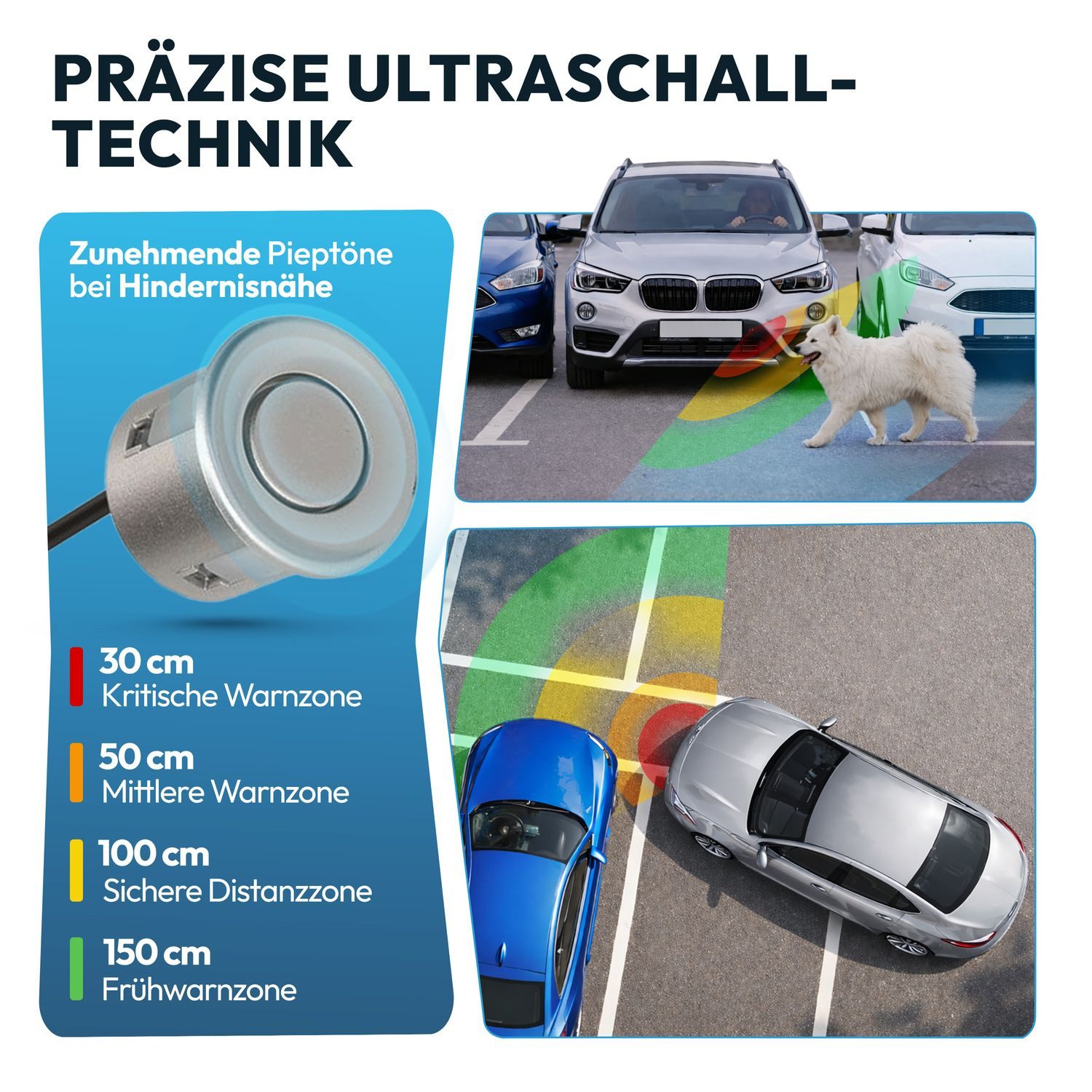 VSG24 Premium Einparkhilfe ECHO PLUS VORNE Display Parkhilfe zum nachrüsten Rückfahrkamera (Rückfahrwarner mit Display & 4 Sensoren Stecksystem Nachrüstsatz PDC)
