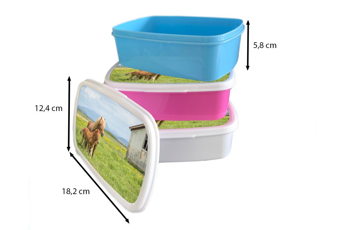 MuchoWow Lunchbox Pferde Kinder, rosa Mädchen, (2-tlg), Kunststoff Kunststoff, Gebirge, - Erwachsene, Snackbox, für - Brotdose Brotbox Fohlen