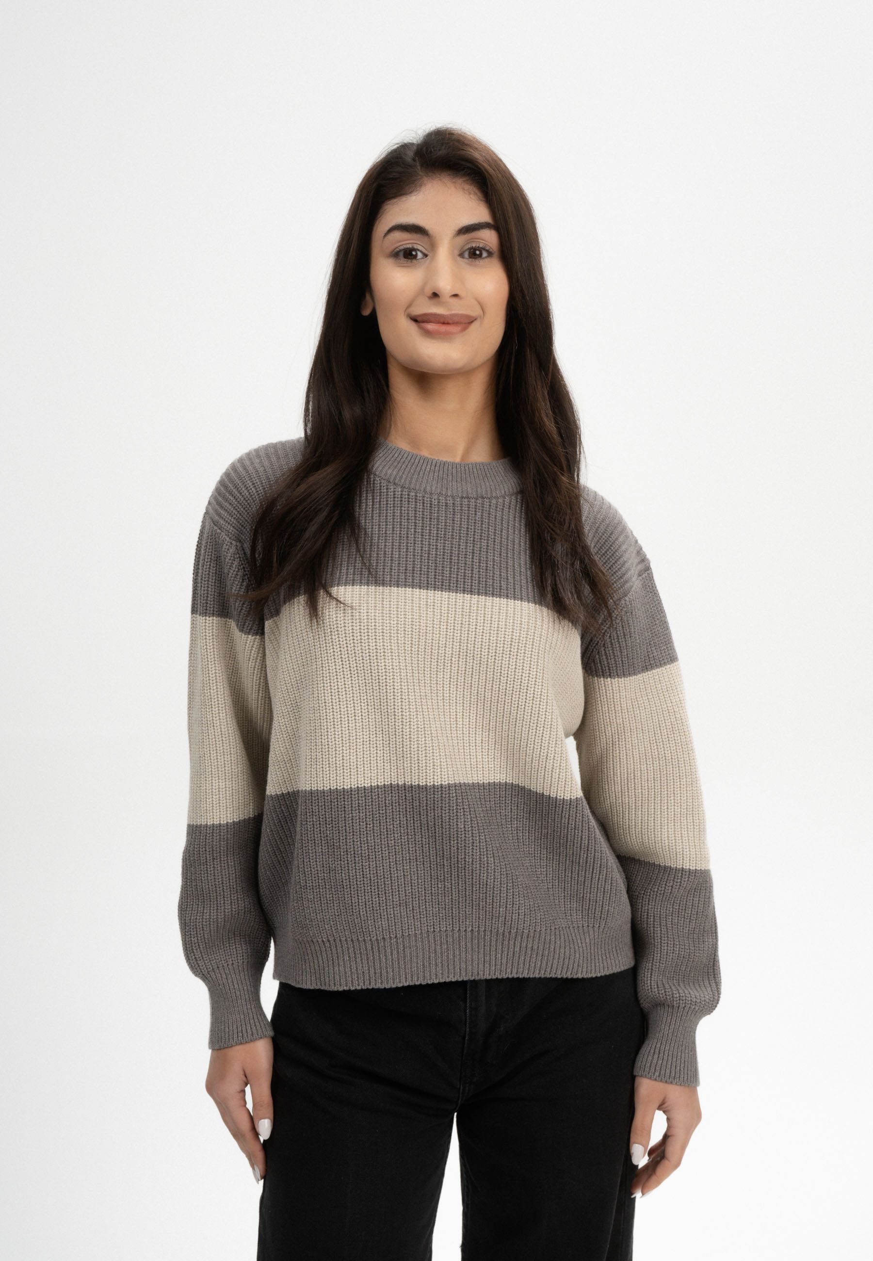 MELA Strickpullover Rippstrick Pullover Style ADAH STRIPES Gerippter Kragen, Saum und gerippte Bündchen