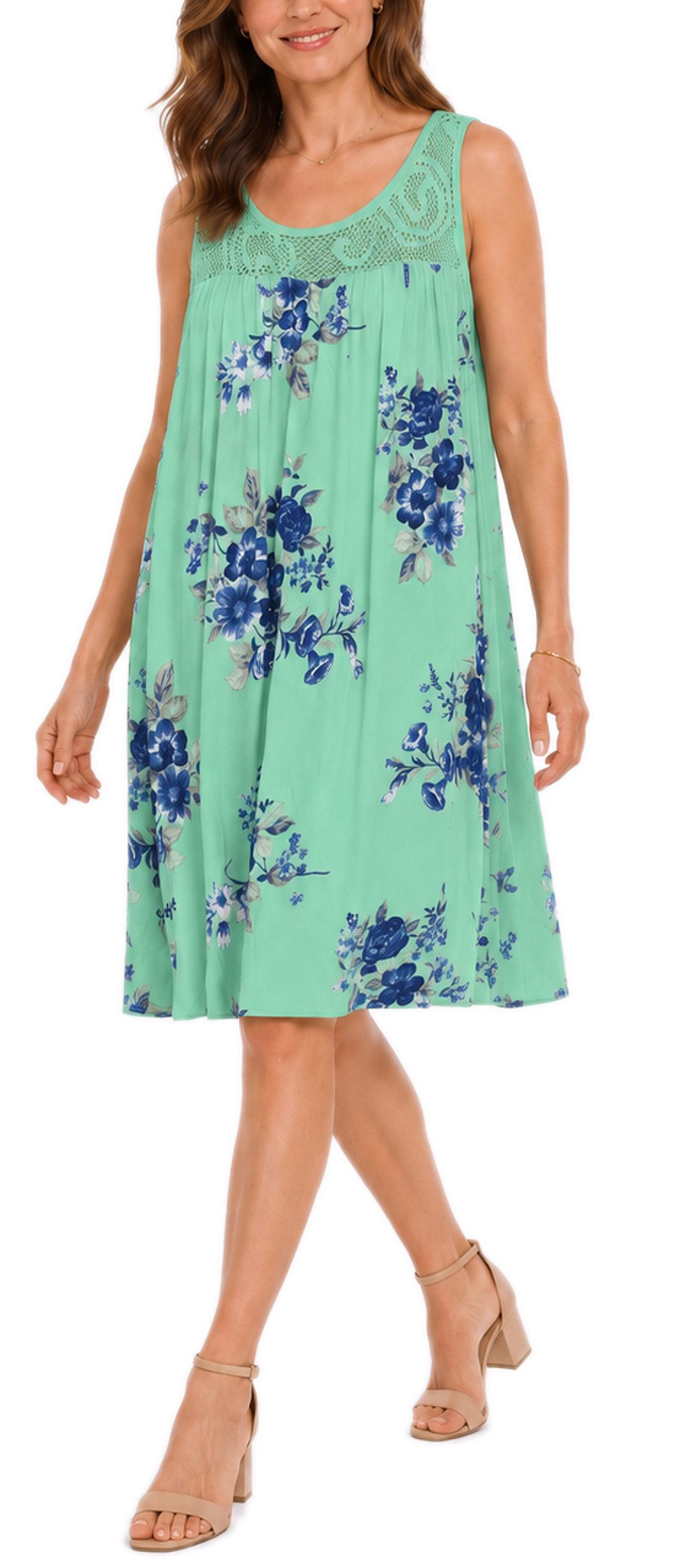 dy_mode Midikleid Damen Sommerkleid Blumenmuster Midi Kleid Strandkleid knielang Knielang, Transparente Häkel-Einsatz im Dekolleté- und Rückenbereich