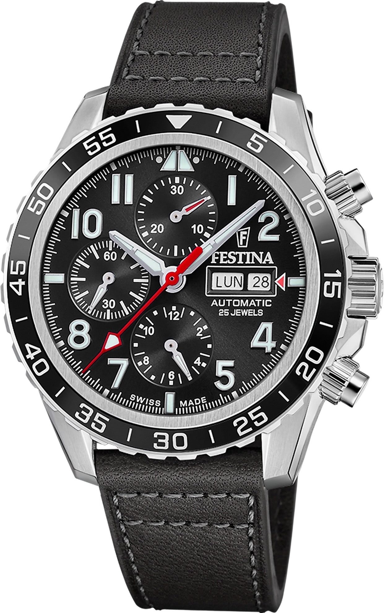 Festina Multifunktionsuhr Festina Herrenuhr Swiss Made Armbanduhr, (Multifunktionsuhr), Herren Armbanduhr rund, Lederarmband schwarz, Elegant