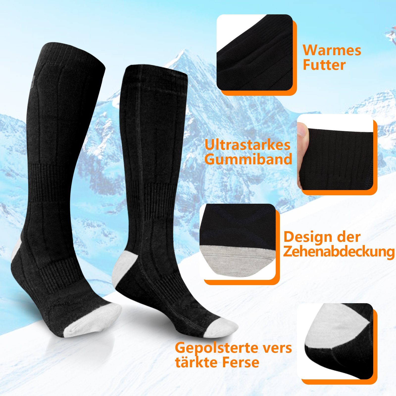 Heizsocke Gimisgu HEAT Schwarz Unisex Einlegesohlen Socken 4200mAh Beheizbare Sportsocken