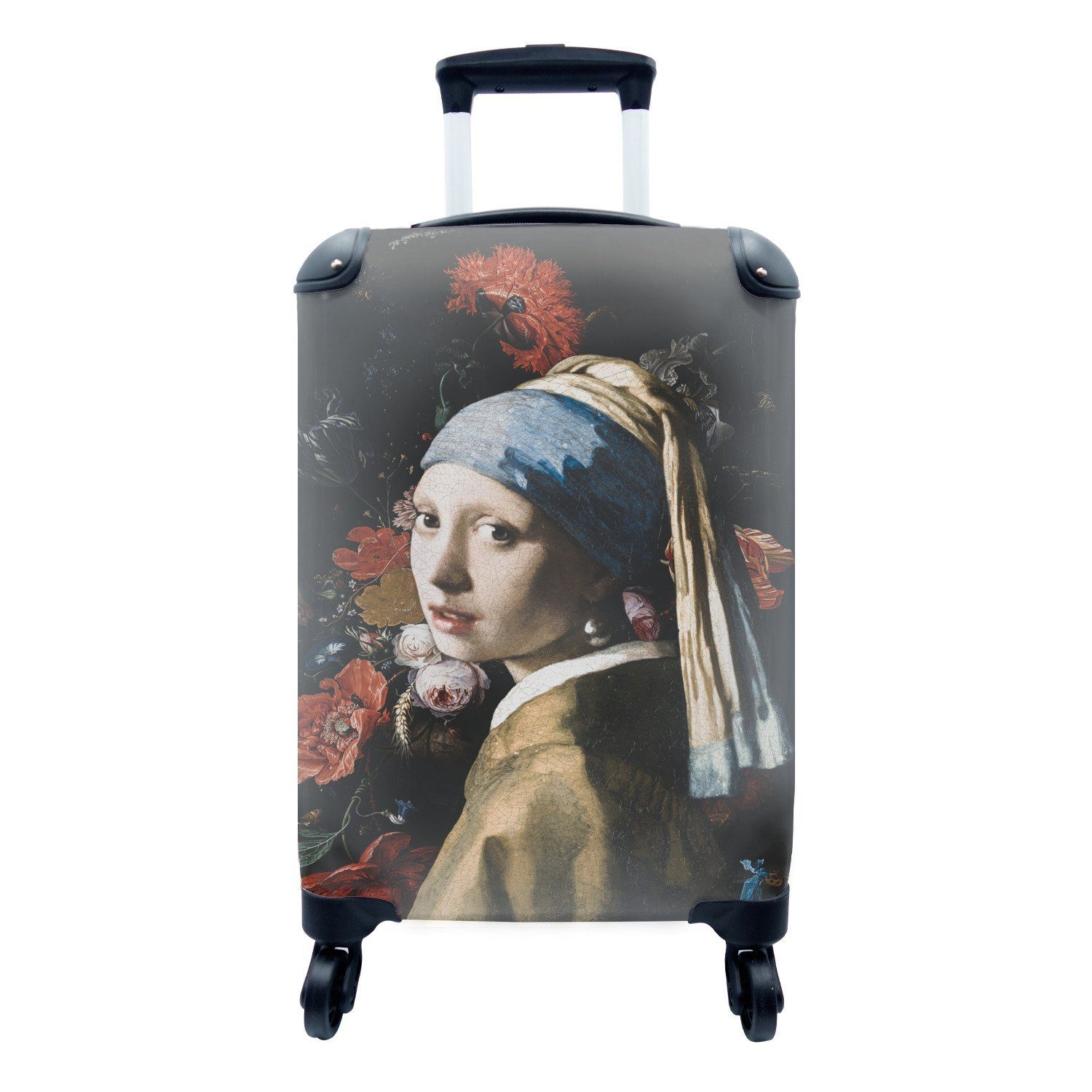 MuchoWow Handgepäckkoffer Mädchen mit Perlenohrring - Johannes Vermeer - Blumen - Rot, 4 Rollen, Reisetasche mit rollen, Handgepäck für Ferien, Trolley, Reisekoffer