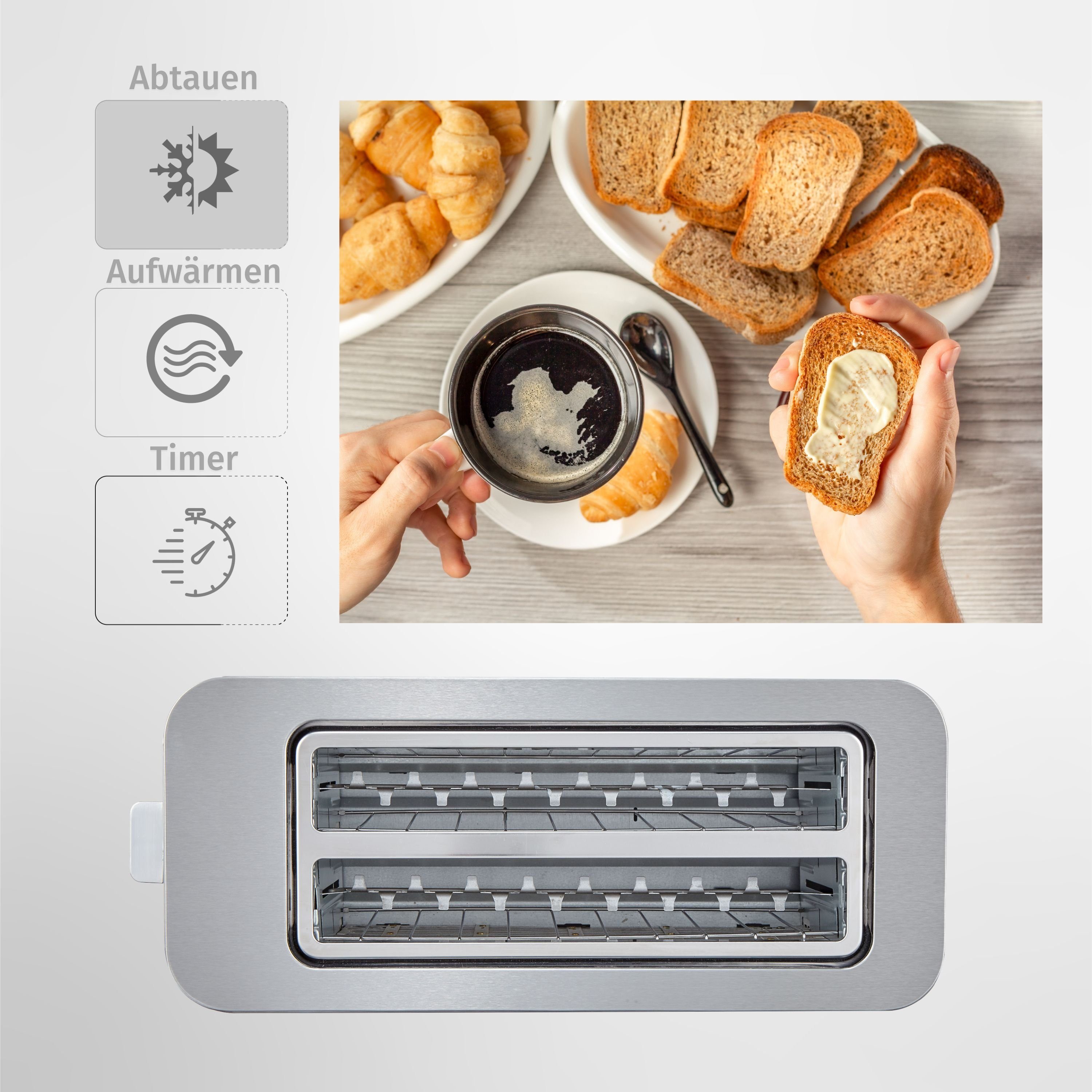 Zilan Toaster ZLN-6234, 2 lange Schlitze, für 4 Scheiben, 1400 W, Edelstahl Gehäuse,Brötchenaufsatz,Krümelschublade