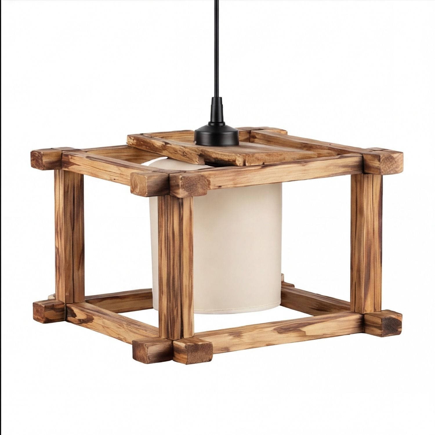 Licht-Erlebnisse Pendelleuchte IVENA, ohne Leuchtmittel, geflammtes Holz Stoff Metall B: 32 cm H: max. 120 cm E27