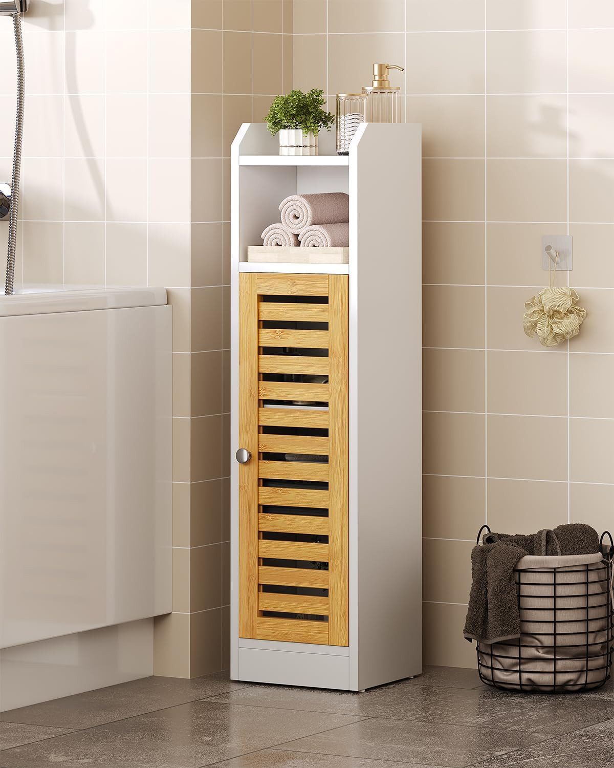 MSMASK Badregal Badezimmerschrank, Toilettenschrank, Beistellschrank 20×20×80 cm, 1-tlg., mit 2 offenen Fächern & Verstellbare Ablagen