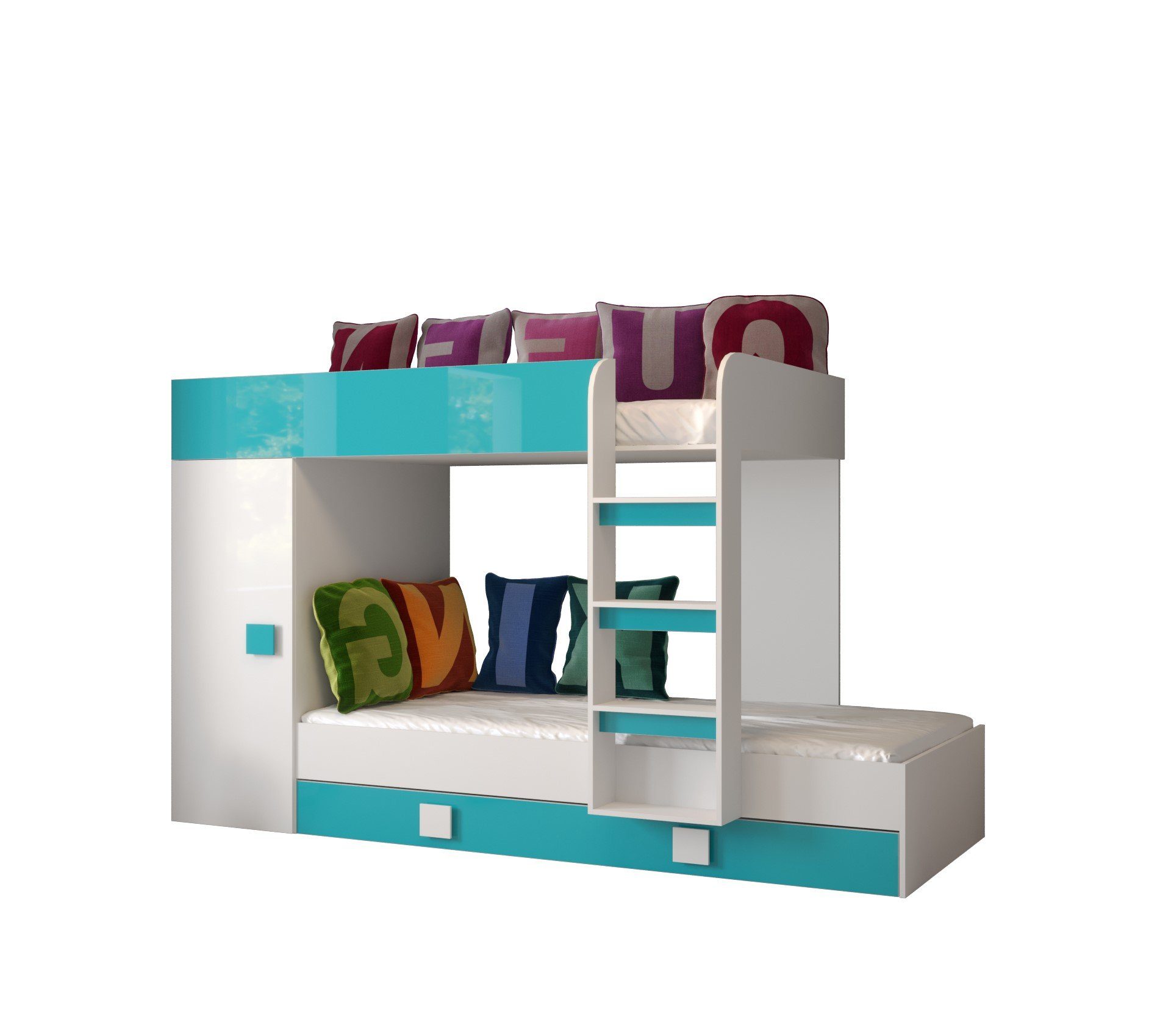 für Bettkasten Kinder kann Treppe, auch Unique / 3 dritte TOL geeignet Schublade Home Auch als Bett Weiß/Türkis 2P, Hochbett Schrank. Hochbett mit