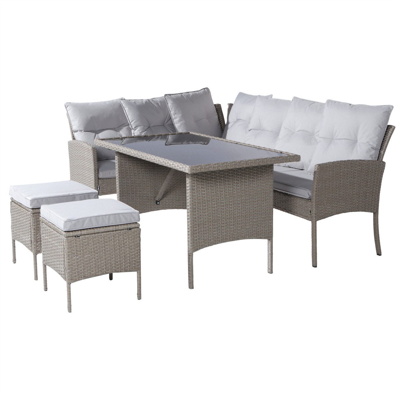 autolock Gartenlounge-Set Poly Rattan Sitzgruppe Esstisch Lounge Gartenmöbel Sitzgarnitur, Garten-Garnitur Set,mit Sofa, Tisch, Hocker & Kissen
