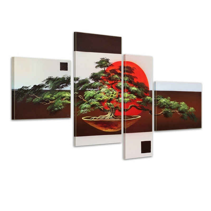Bilderdepot24 Wandbild »Japan Bonsai M1 - Leinwandbild 4 teilig 120x70cm Handgemalt«, Bäume