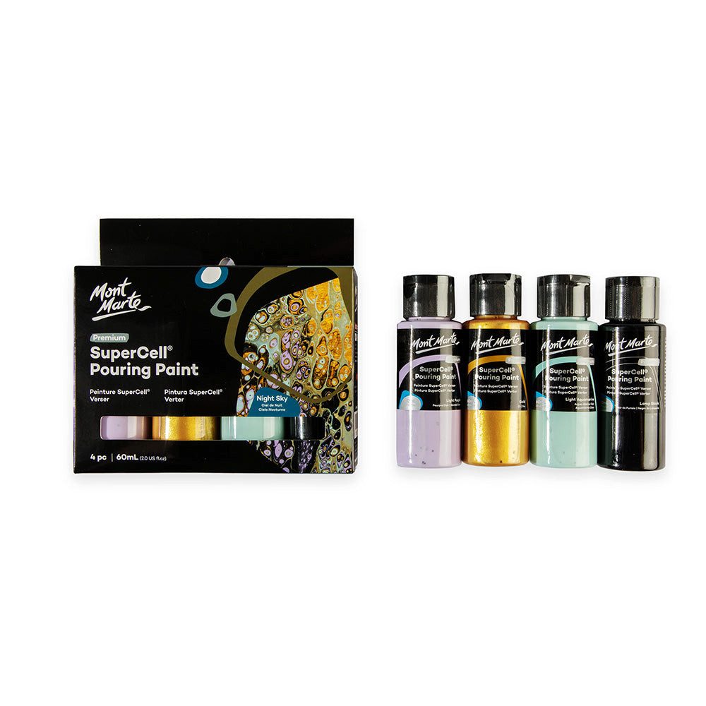 Mont Marte Bastelfarbe SuperCell® Pouring Acrylfarbe, Gieß-Acryl, je 4 x 60 ml, diverse Sets, Untereinander vermischbar & Bereits mit Pouring Medium vorgemischt